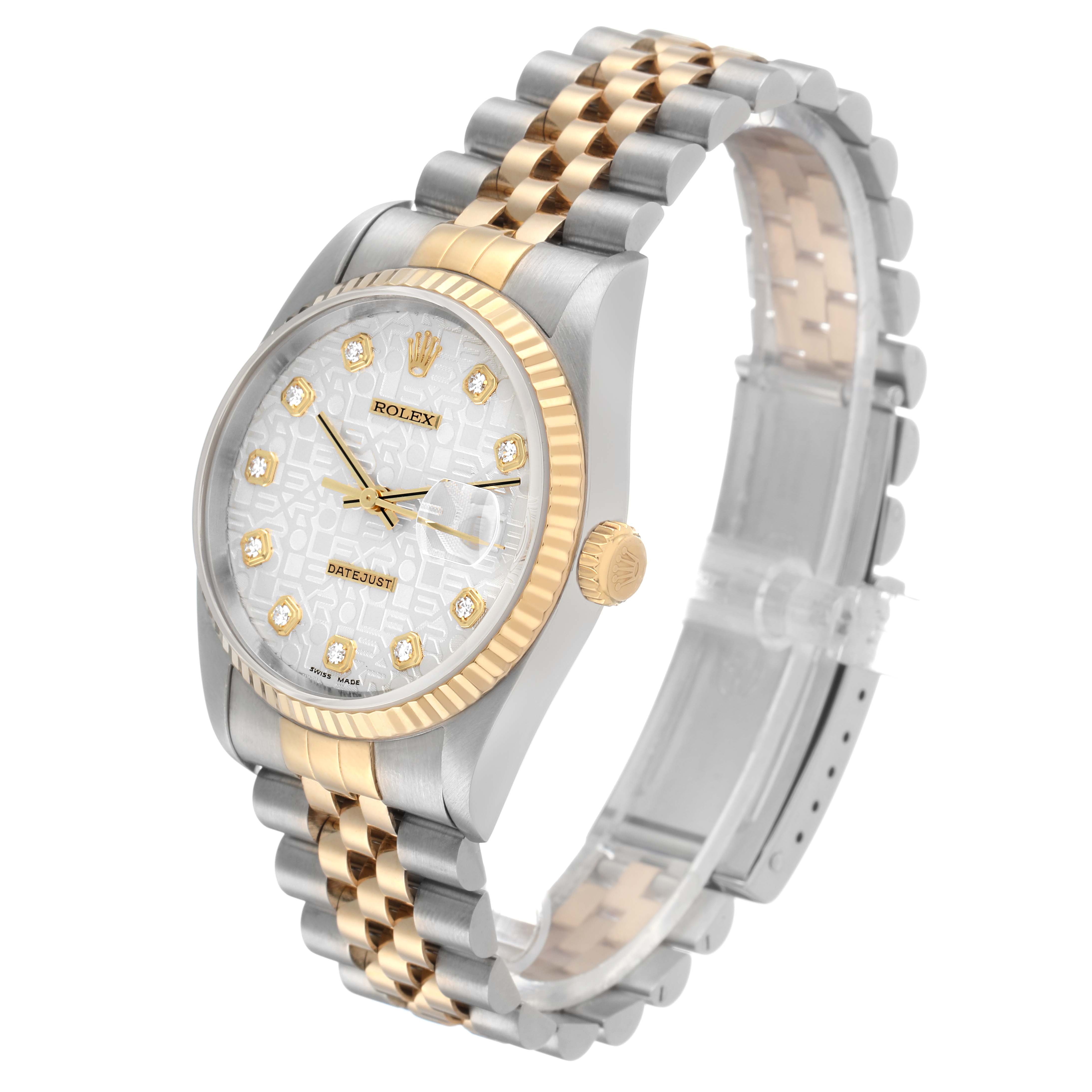 The Rolex Datejust 16233 Men's Steel and Gold (two tone) Silver Dial watch is shown at a three-quarter angle, highlighting the dial, bezel, crown, and two-tone bracelet.