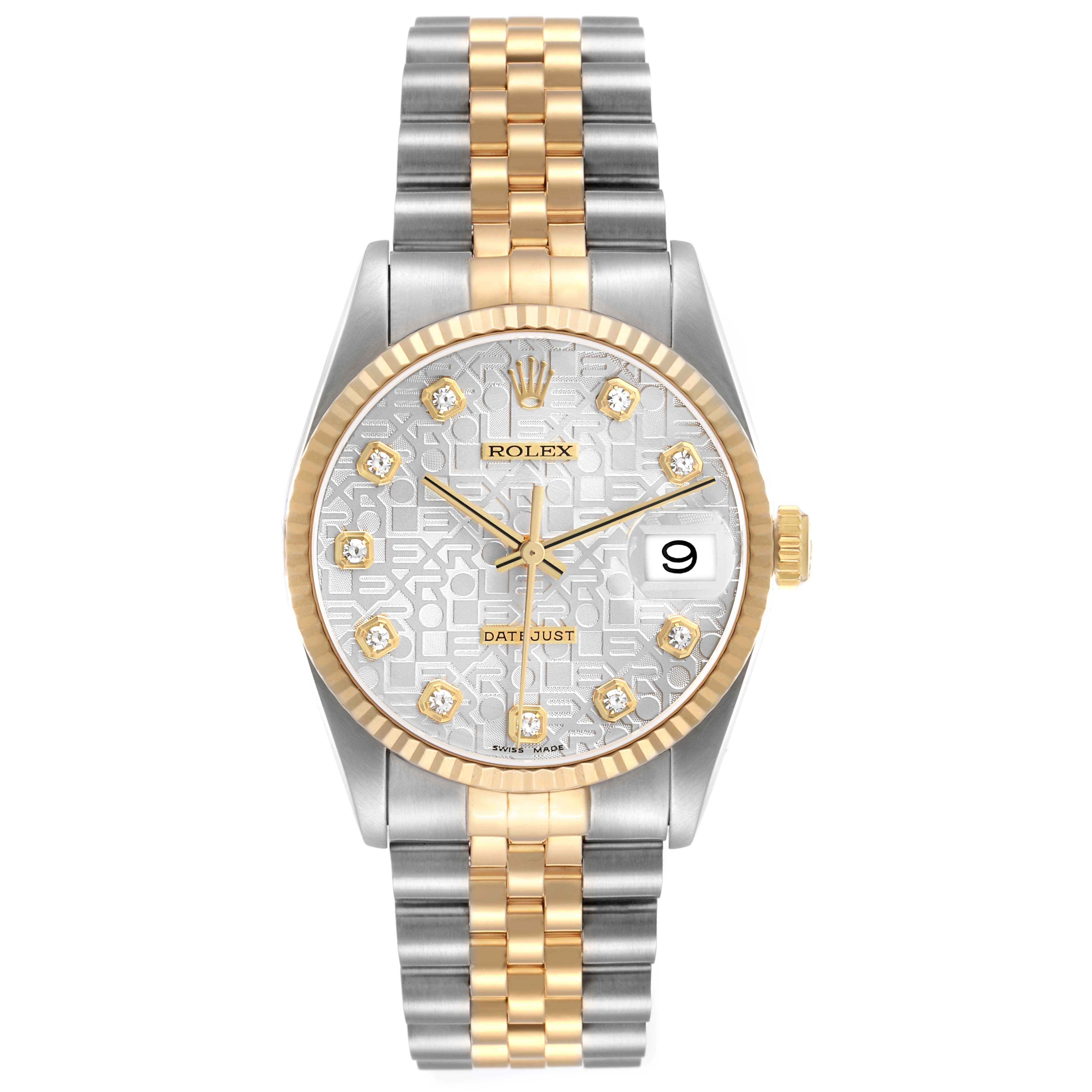 The Rolex Datejust 16233 Men's Steel and Gold (two tone) Silver Dial is shown from a front view, displaying the dial, fluted bezel, jubilee bracelet, and cyclops date window.