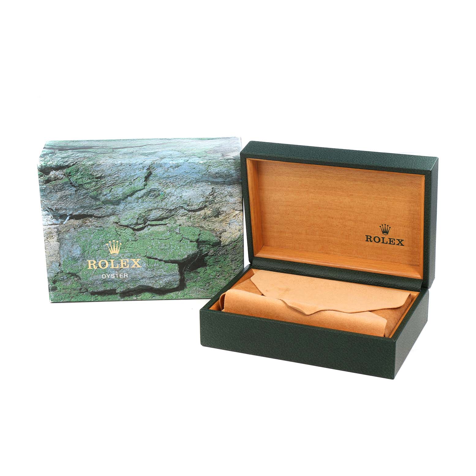 The image shows a Rolex Datejust 16233 Men's Steel and Gold (two tone) Silver Dial watch box with a textured outer cover, open to reveal the inner wooden box.