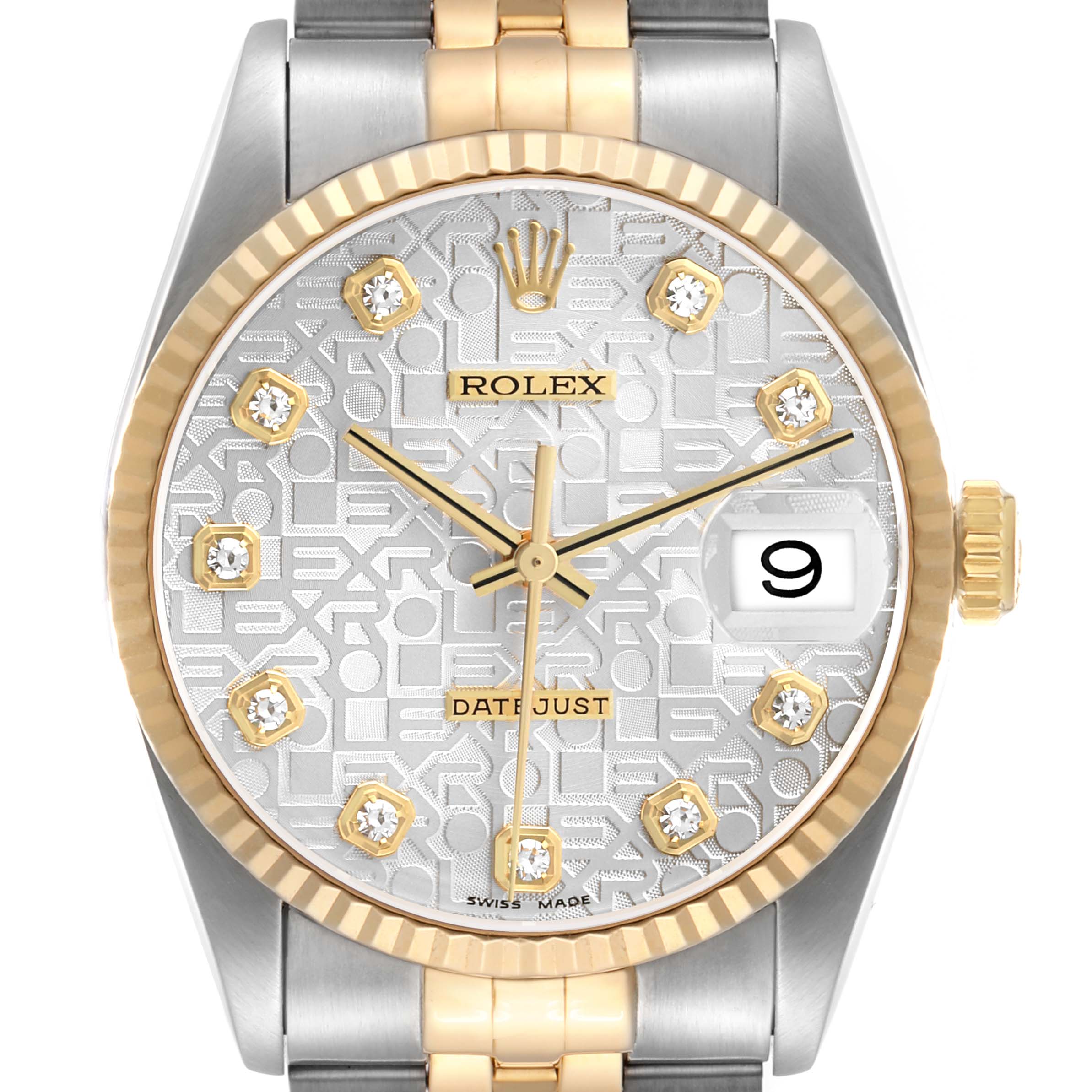 The Rolex Datejust 16233 Men's Steel and Gold (two tone) Silver Dial watch is shown from the front, highlighting the dial, bezel, crown, and bracelet.