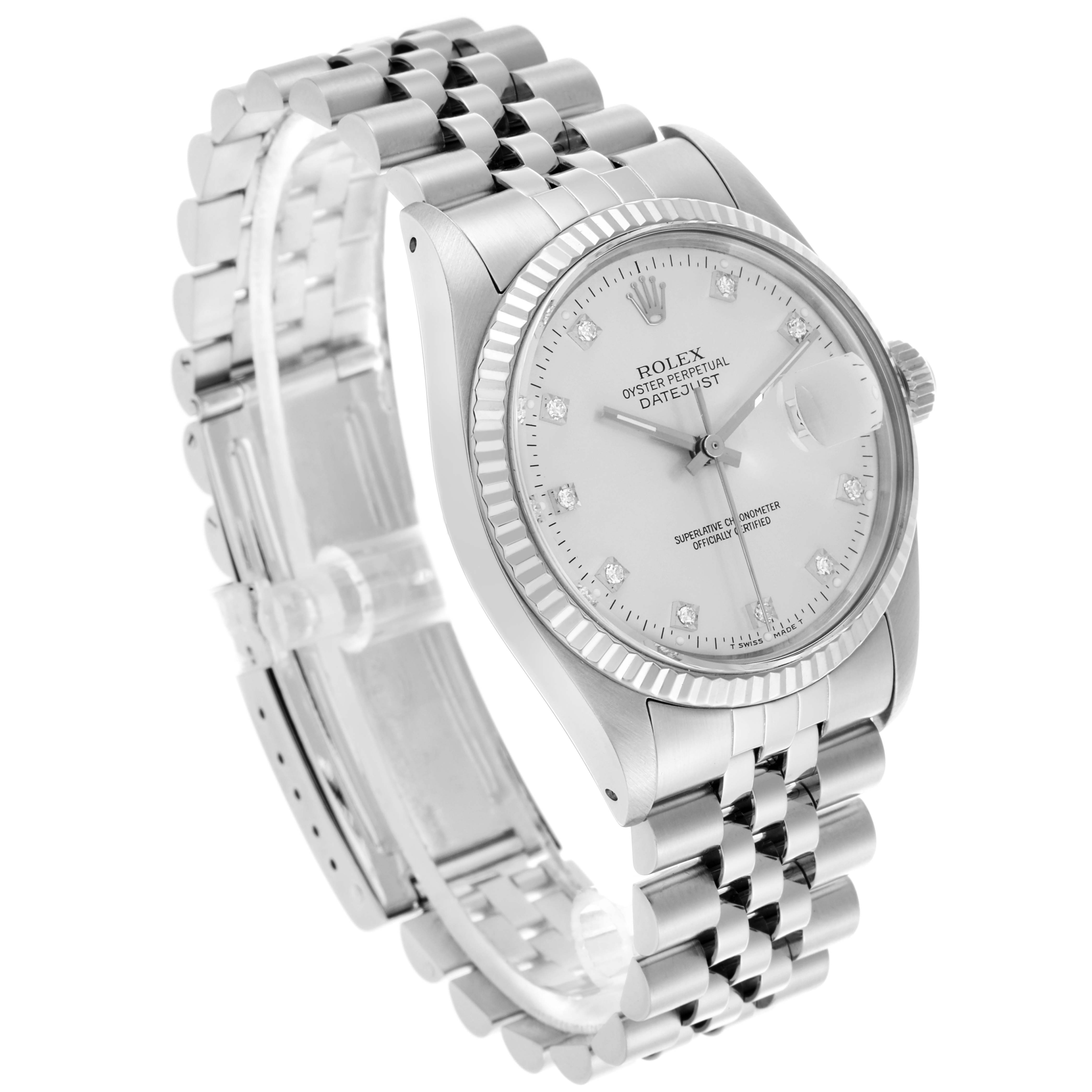 The Rolex Datejust 16014 Men's Stainless Steel Silver Dial 16014 Men's Stainless Steel Silver Dial watch is shown at a three-quarter angle, displaying the face, bezel, case, and Jubilee bracelet.