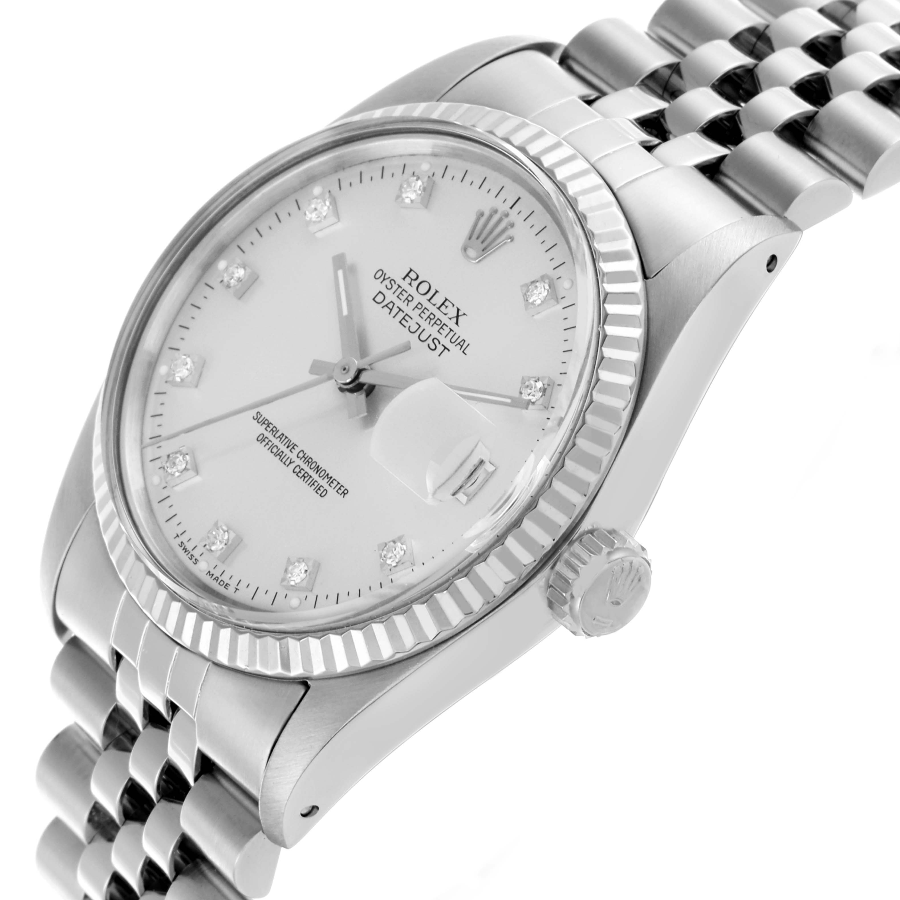 The Rolex Datejust 16014 Men's Stainless Steel Silver Dial 16014 Men's Stainless Steel Silver Dial watch is shown at an angled view, highlighting the dial, crown, bracelet, and fluted bezel.