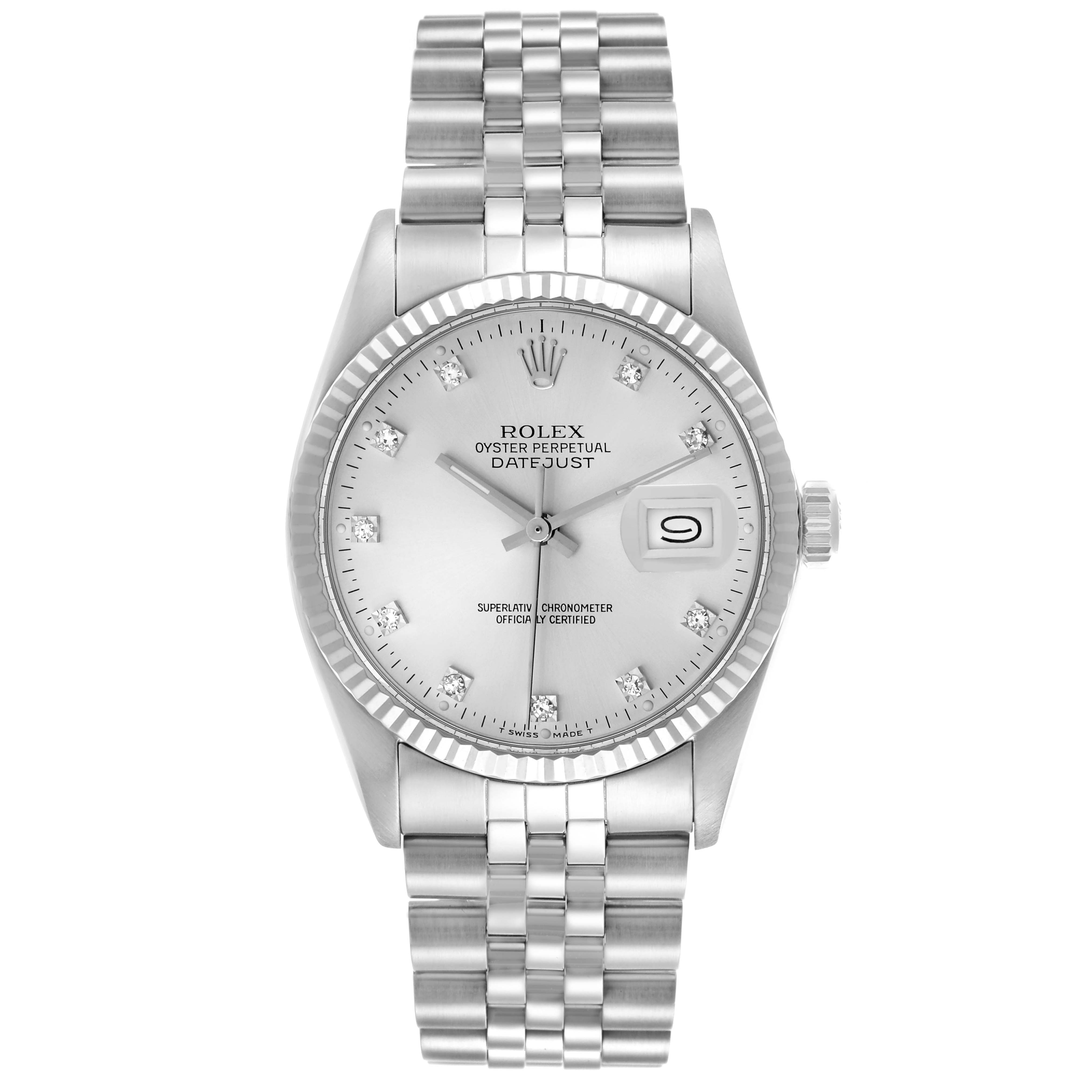 The Rolex Datejust 16014 Men's Stainless Steel Silver Dial 16014 Men's Stainless Steel Silver Dial watch is shown from a front view, displaying the face, bezel, and bracelet.
