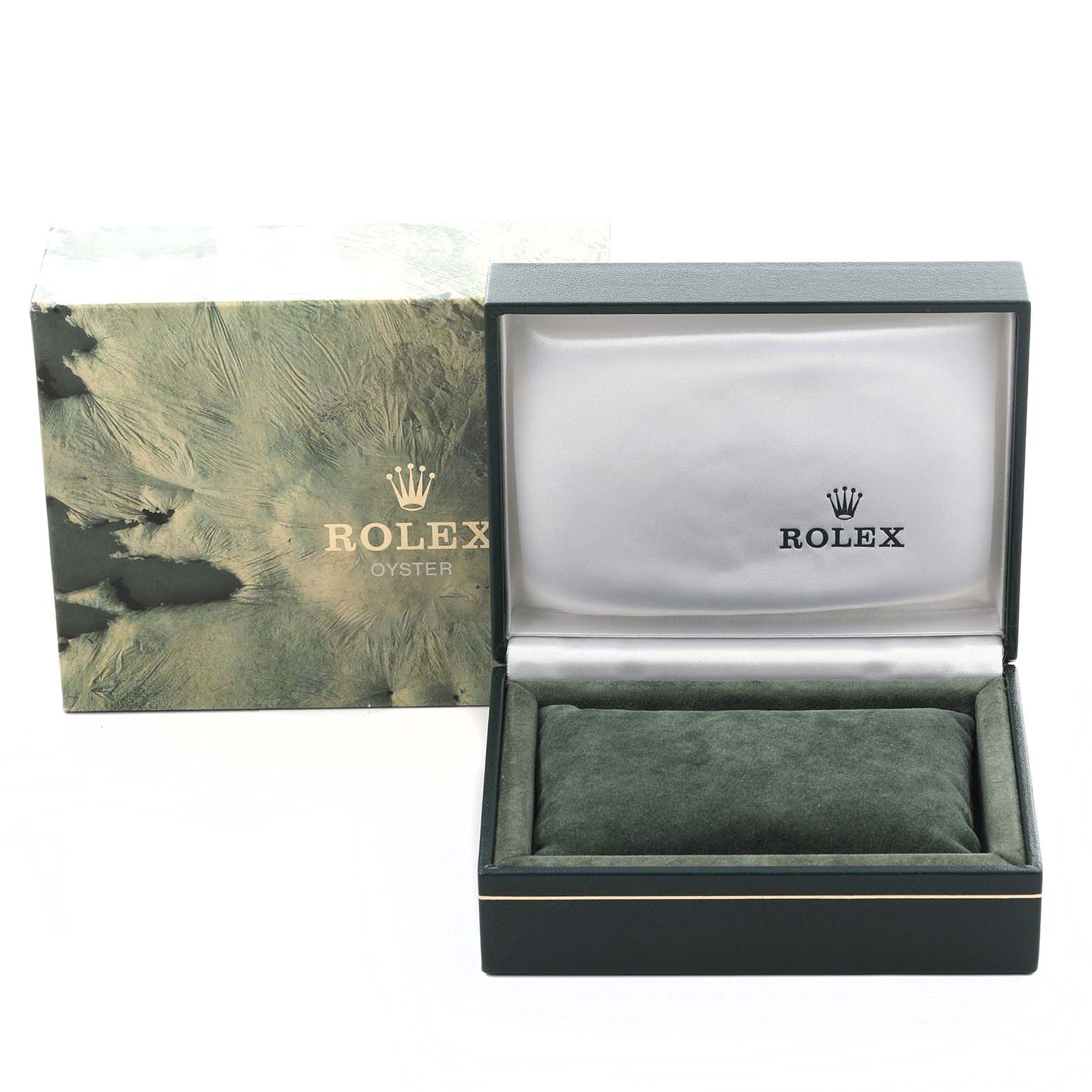 The image shows an open green box and outer sleeve for the Rolex Datejust 16014 Men's Stainless Steel Silver Dial 16014 Men's Stainless Steel Silver Dial, without the watch visible.