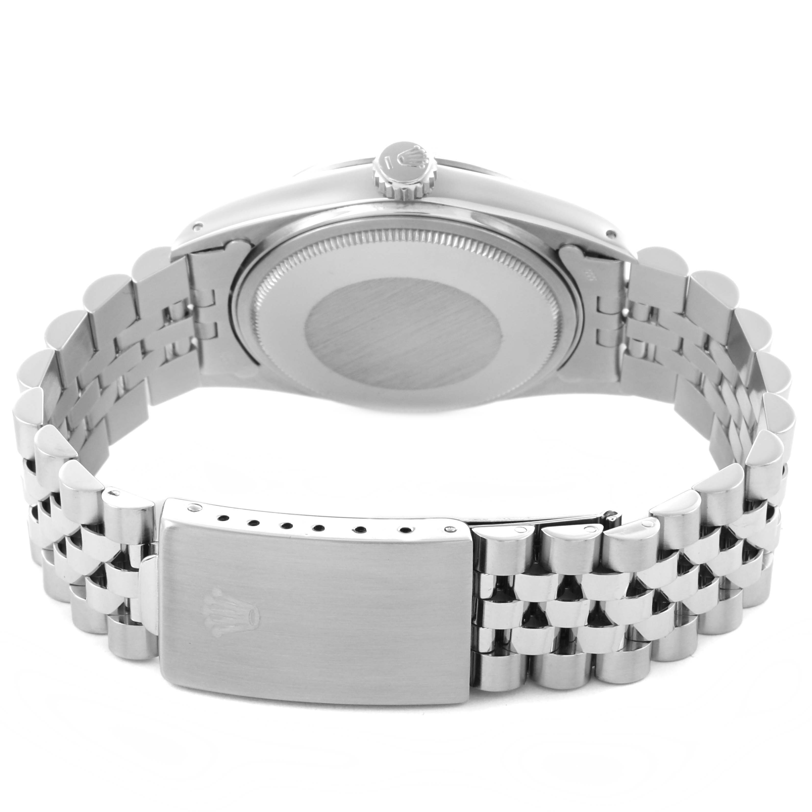 The image shows the back and side of a Rolex Datejust 16014 Men's Stainless Steel Silver Dial 16014 Men's Stainless Steel Silver Dial watch, featuring the case back, crown, and bracelet clasp.