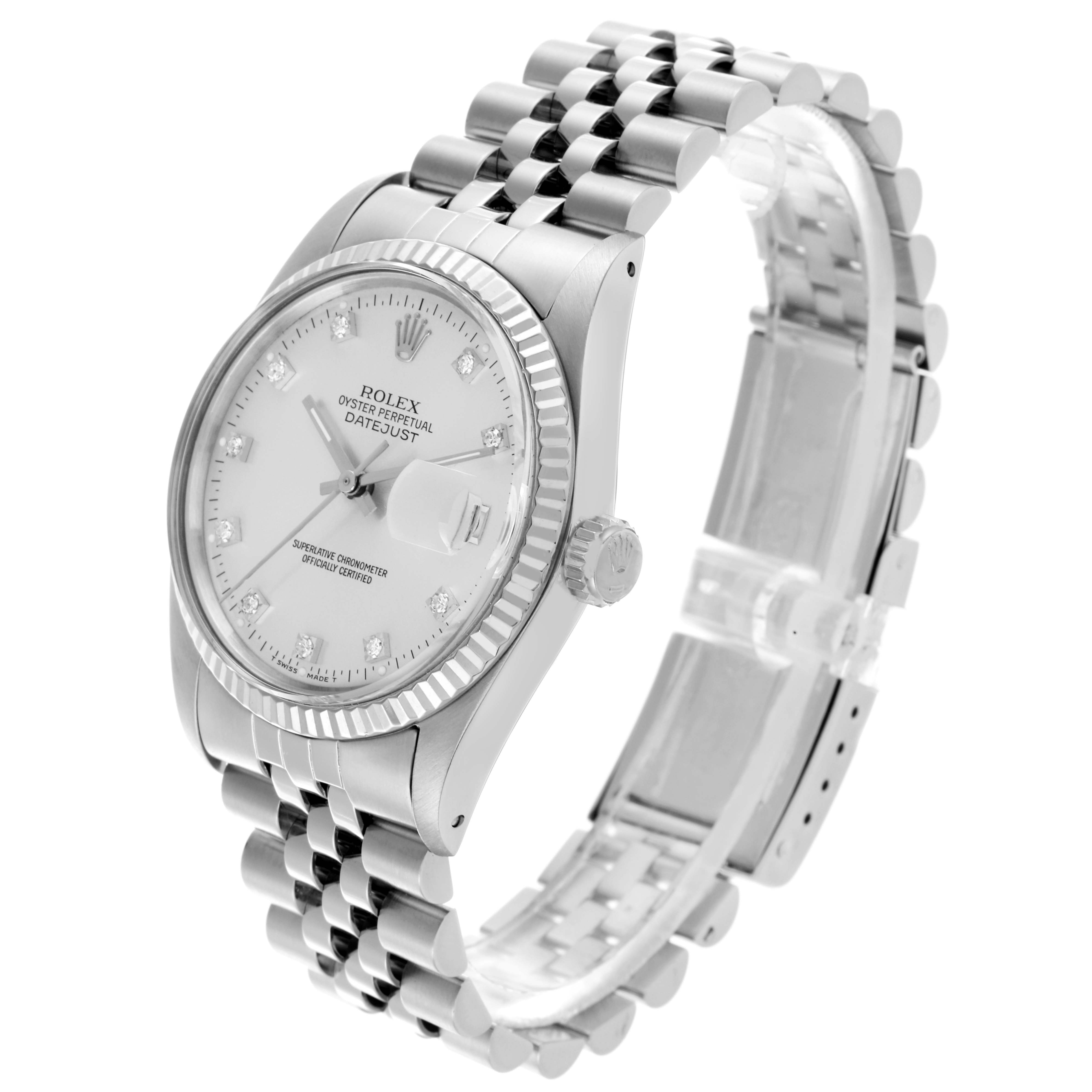 The Rolex Datejust 16014 Men's Stainless Steel Silver Dial 16014 Men's Stainless Steel Silver Dial watch is shown at a three-quarter angle, displaying the case, bezel, dial, crown, and bracelet.