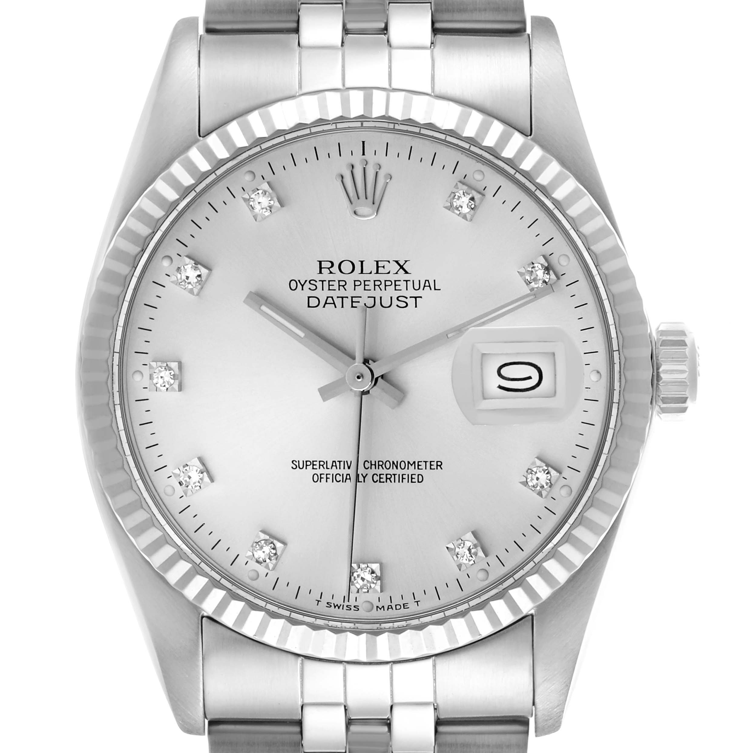 The Rolex Datejust 16014 Men's Stainless Steel Silver Dial 16014 Men's Stainless Steel Silver Dial watch is shown from a front angle, highlighting the face, bezel, crown, and part of the bracelet.