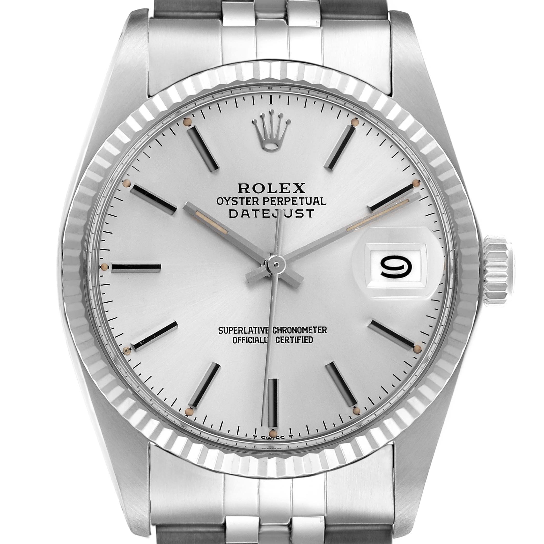 The Rolex Vintage Collection 16014 Men's Stainless Steel Silver Dial 16014 Men's Stainless Steel Silver Dial model is shown from the front, highlighting the dial, bezel, and part of the bracelet.