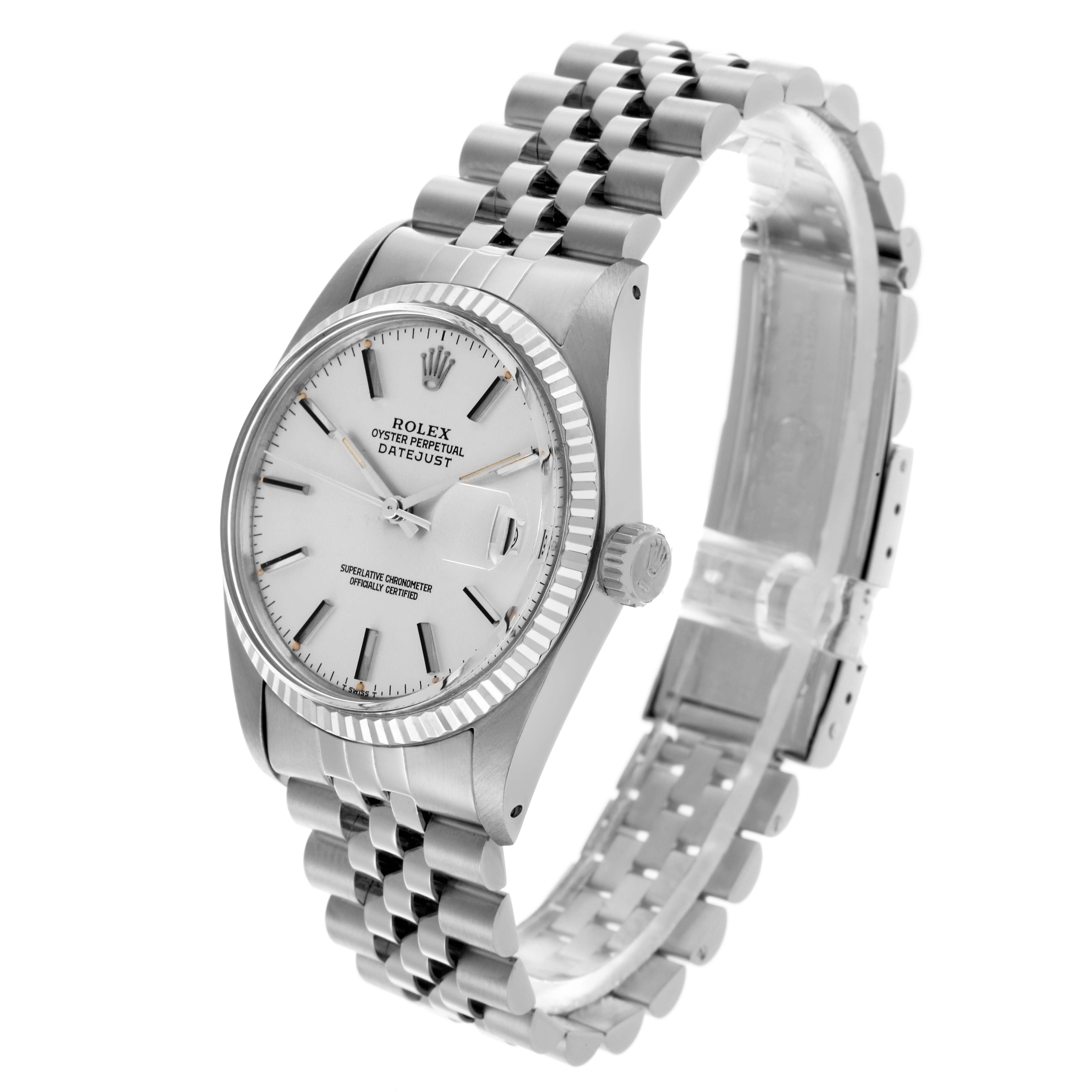 The Rolex Vintage Collection 16014 Men's Stainless Steel Silver Dial 16014 Men's Stainless Steel Silver Dial watch is shown at a slightly angled side view, displaying the face, bracelet, and crown.