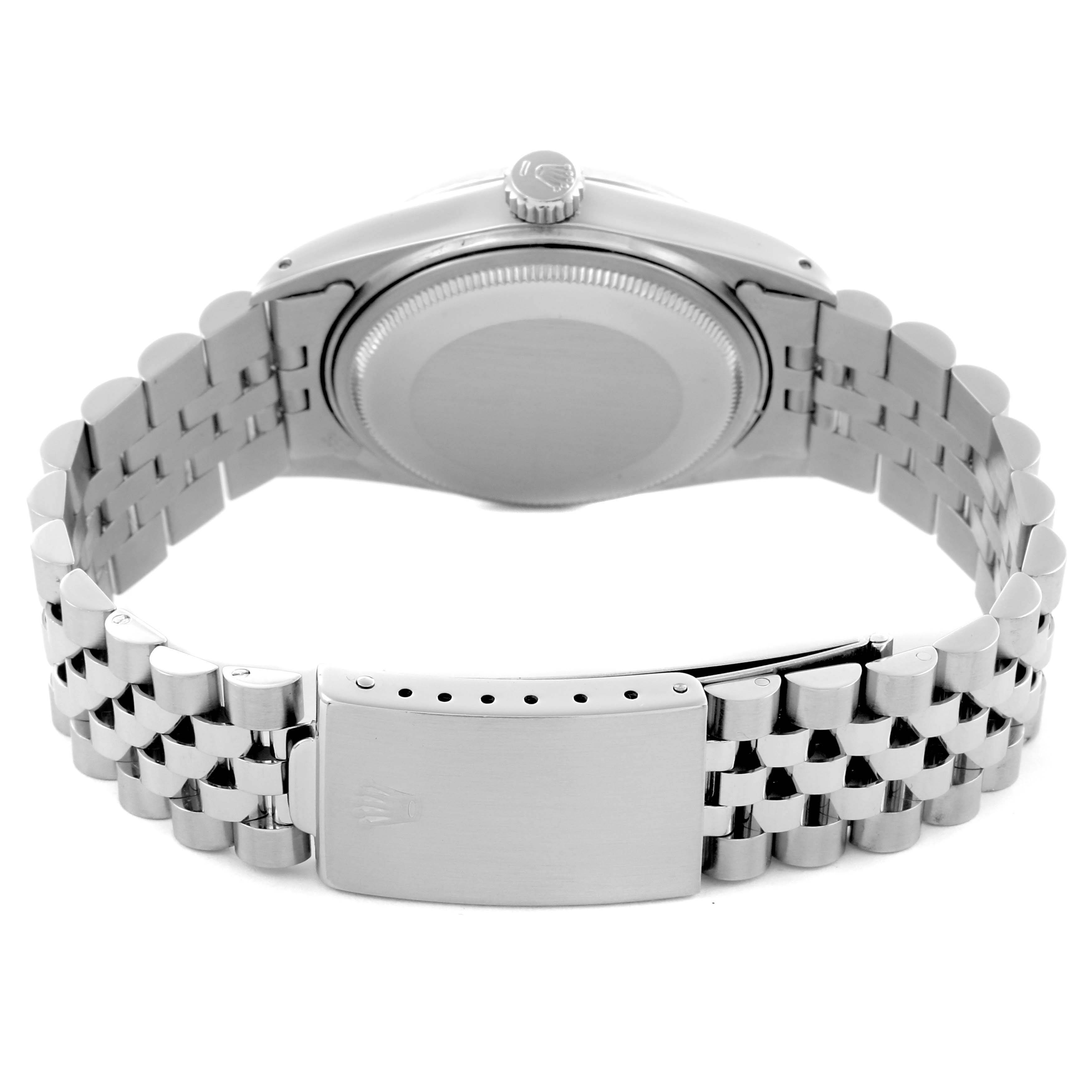 The Rolex Vintage Collection 16014 Men's Stainless Steel Silver Dial 16014 Men's Stainless Steel Silver Dial watch is shown from the back, highlighting the case back, bracelet, and clasp.