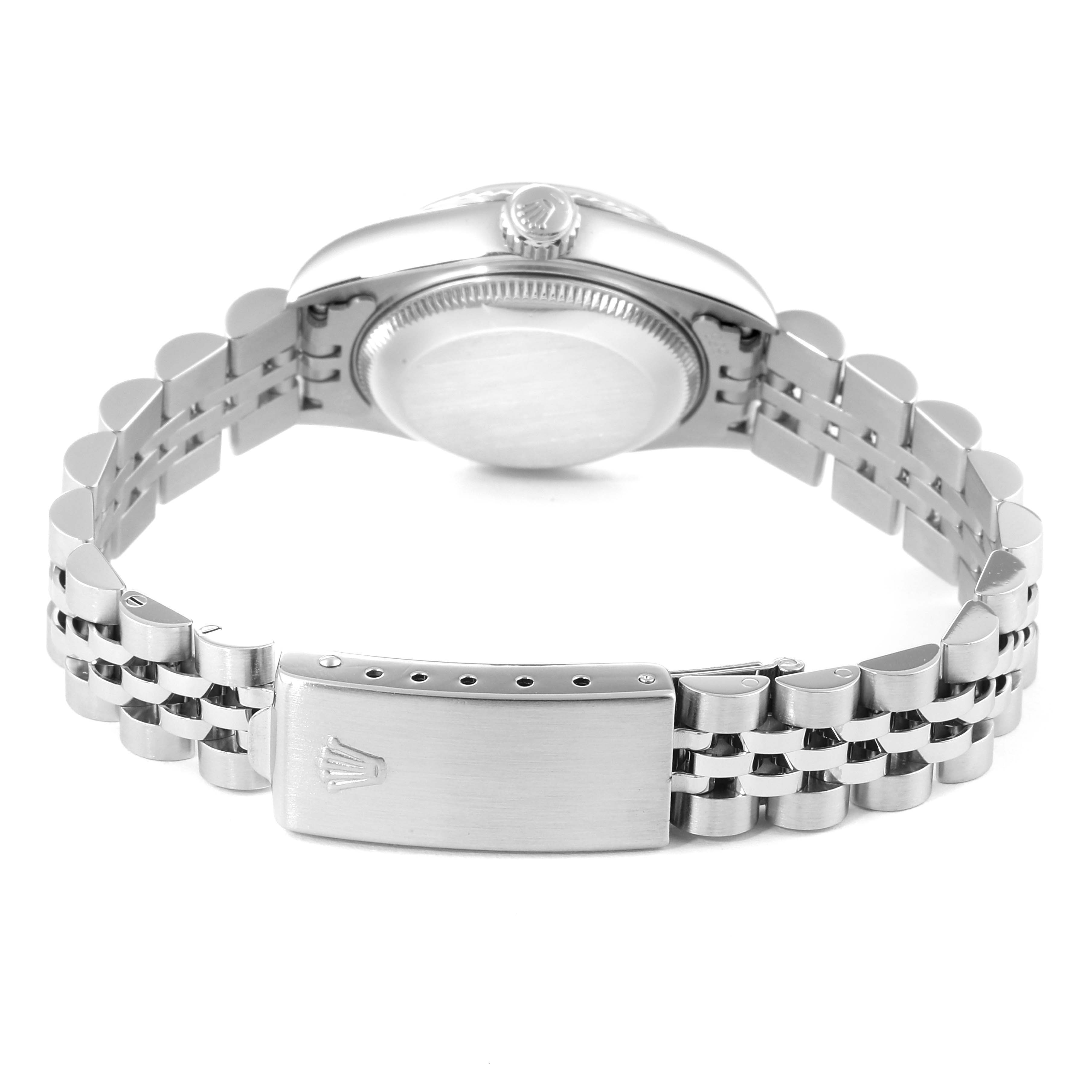 This image shows the Rolex Datejust 69174 Women's Stainless Steel Silver Dial 69174 Women's Stainless Steel Silver Dial watch from a rear angle, highlighting the case back and the bracelet with the clasp.