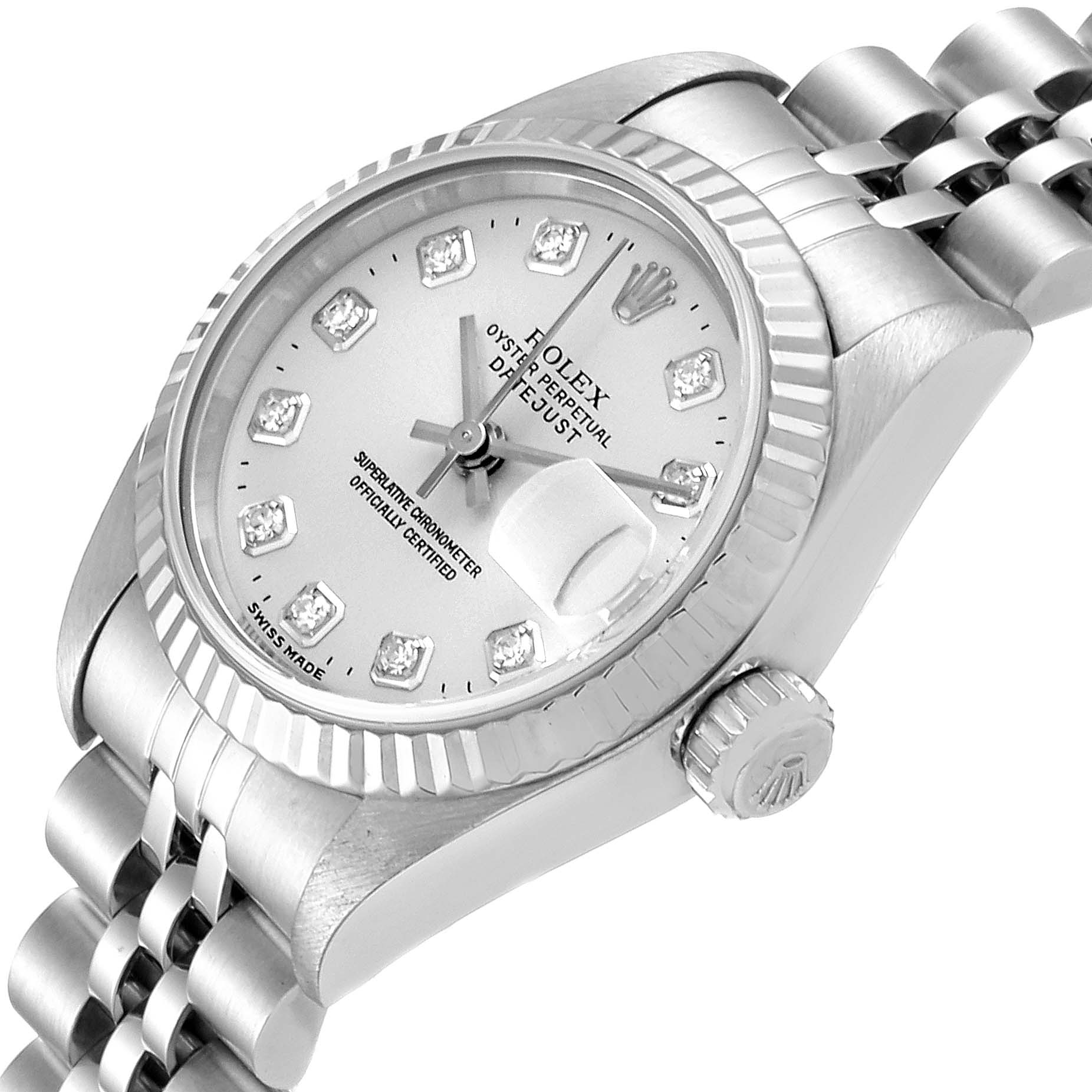 This is a close-up angle showing the face, bezel, crown, and part of the bracelet of the Rolex Datejust 69174 Women's Stainless Steel Silver Dial 69174 Women's Stainless Steel Silver Dial watch.