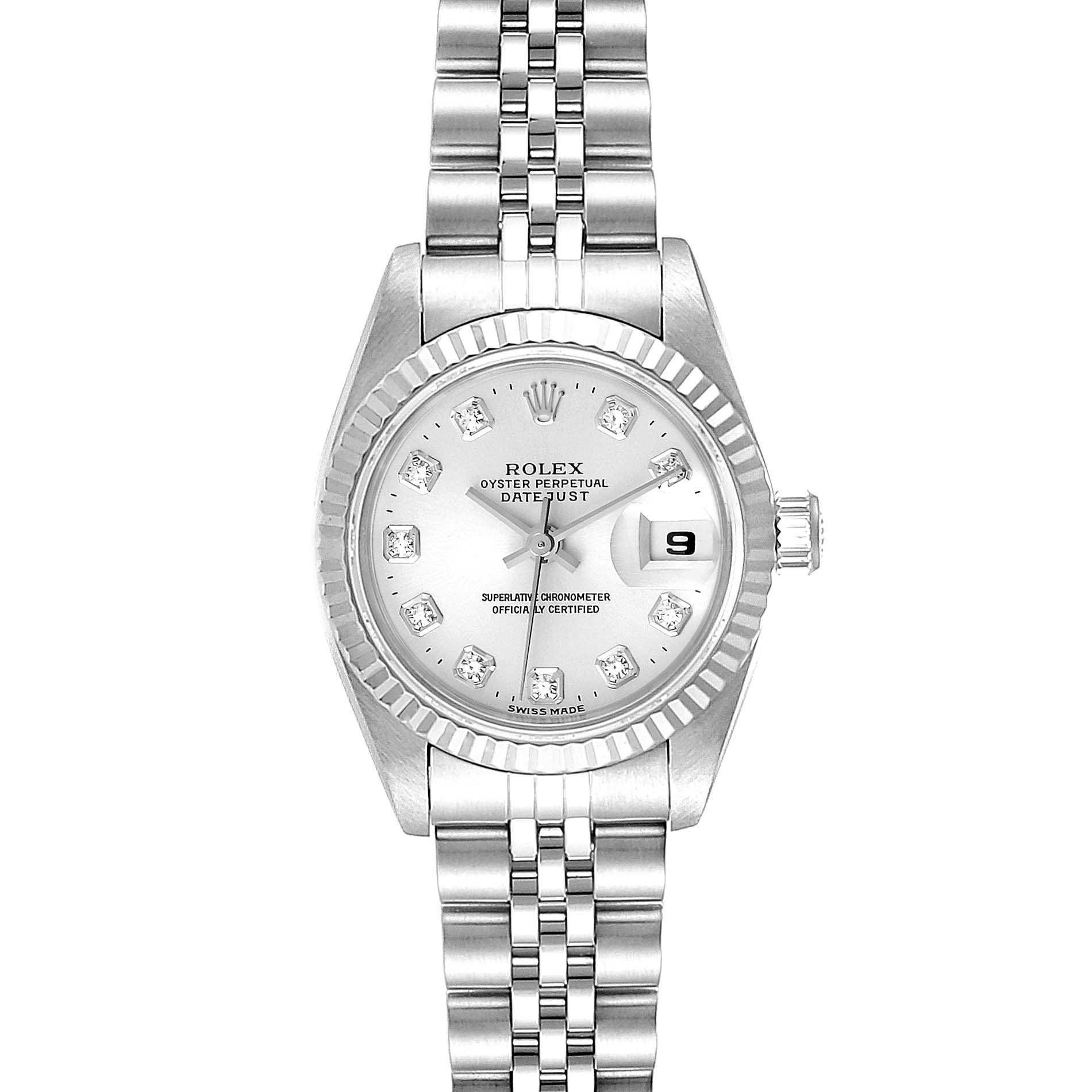 The image shows a frontal view of a Rolex Datejust 69174 Women's Stainless Steel Silver Dial 69174 Women's Stainless Steel Silver Dial watch, clearly displaying its face, bezel, and bracelet.