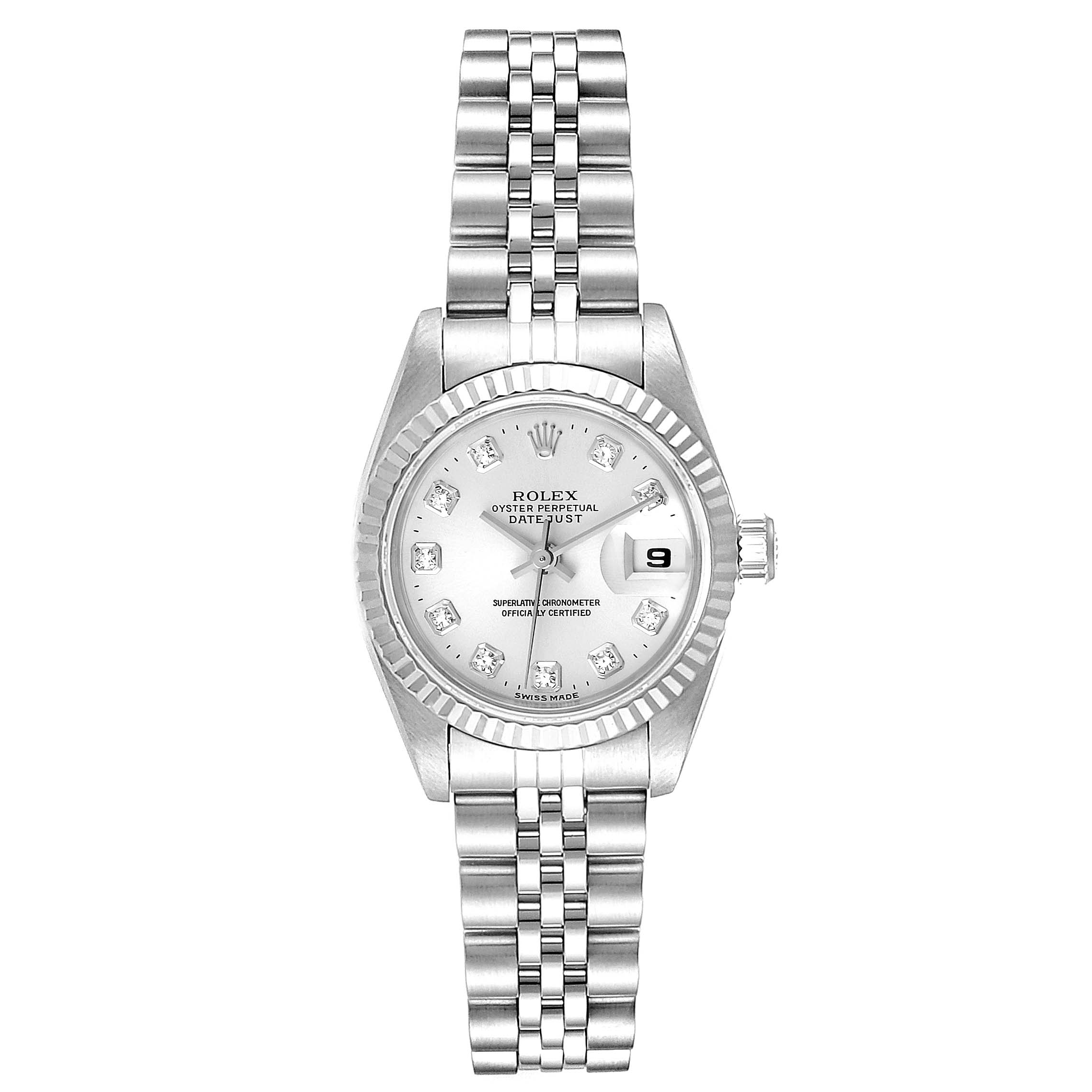 This image shows a Rolex Datejust 69174 Women's Stainless Steel Silver Dial 69174 Women's Stainless Steel Silver Dial watch from a front angle, displaying the face, bezel, crown, and bracelet.