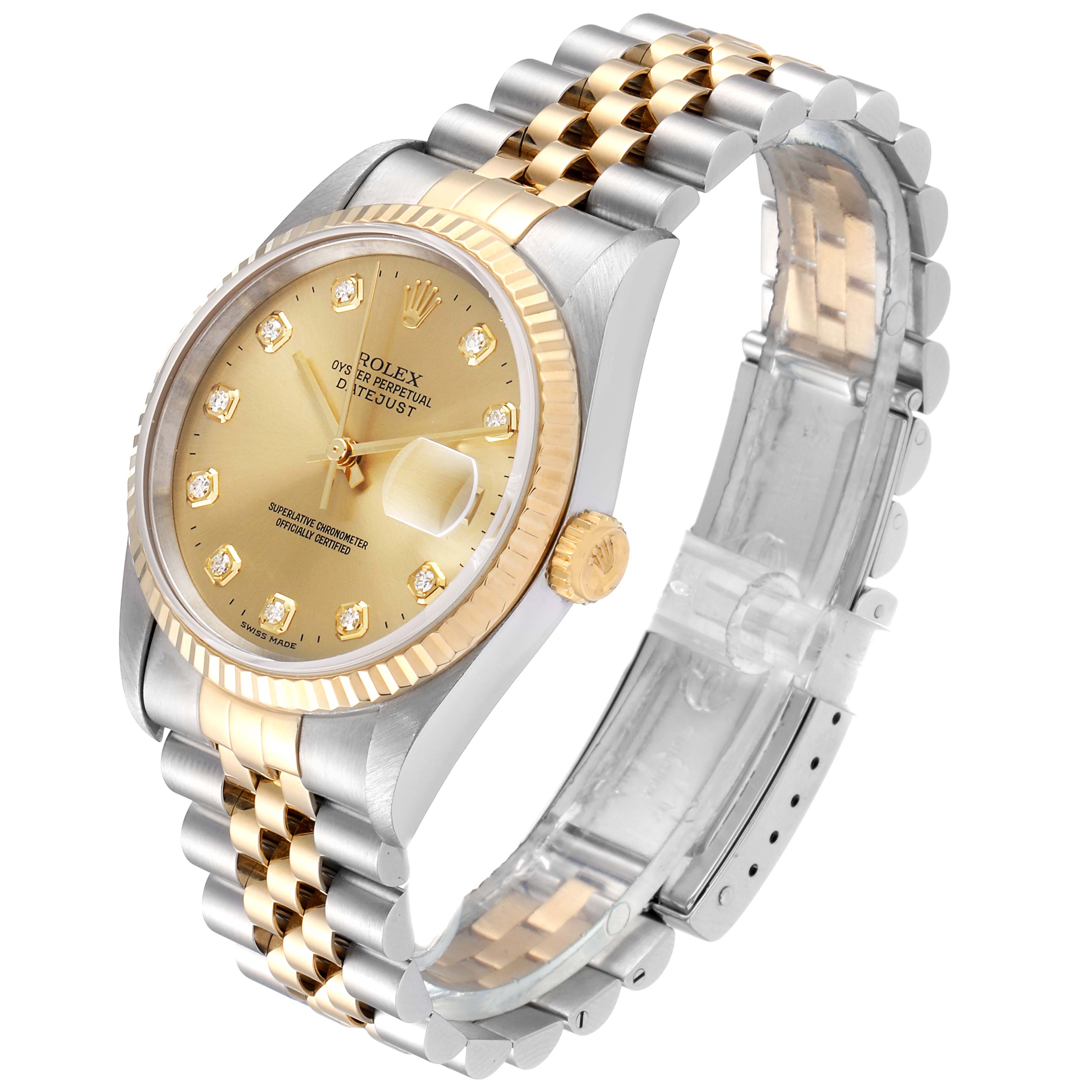 The image shows a Rolex Datejust 16233 Men's Steel and Gold (two tone) Champagne Dial 16233 Men's Steel and Gold (two tone) Champagne Dial watch at a three-quarter angle, highlighting the face, bezel, bracelet, and crown.