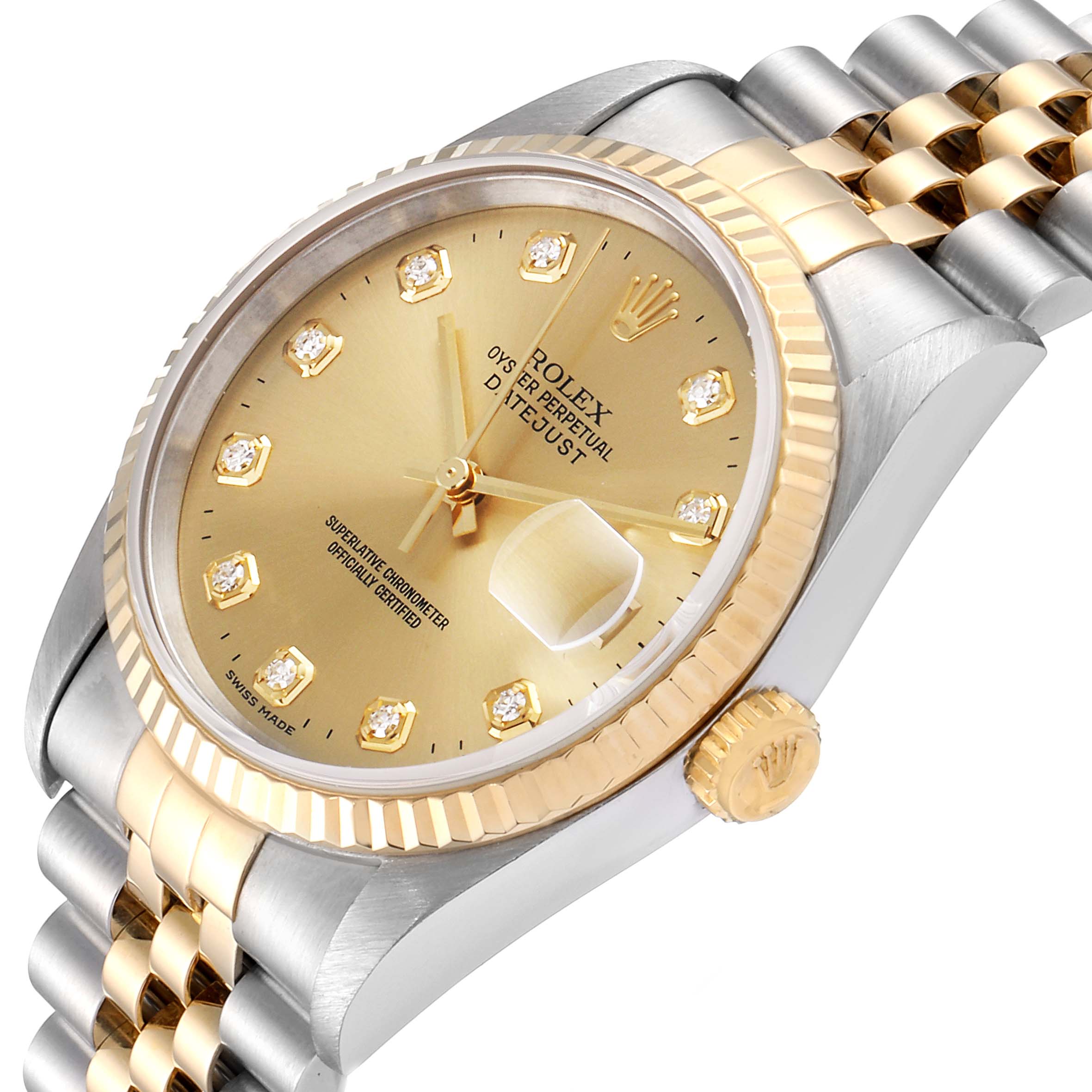 The image shows an angled view of the Rolex Datejust 16233 Men's Steel and Gold (two tone) Champagne Dial 16233 Men's Steel and Gold (two tone) Champagne Dial, highlighting the dial, bezel, and bracelet.