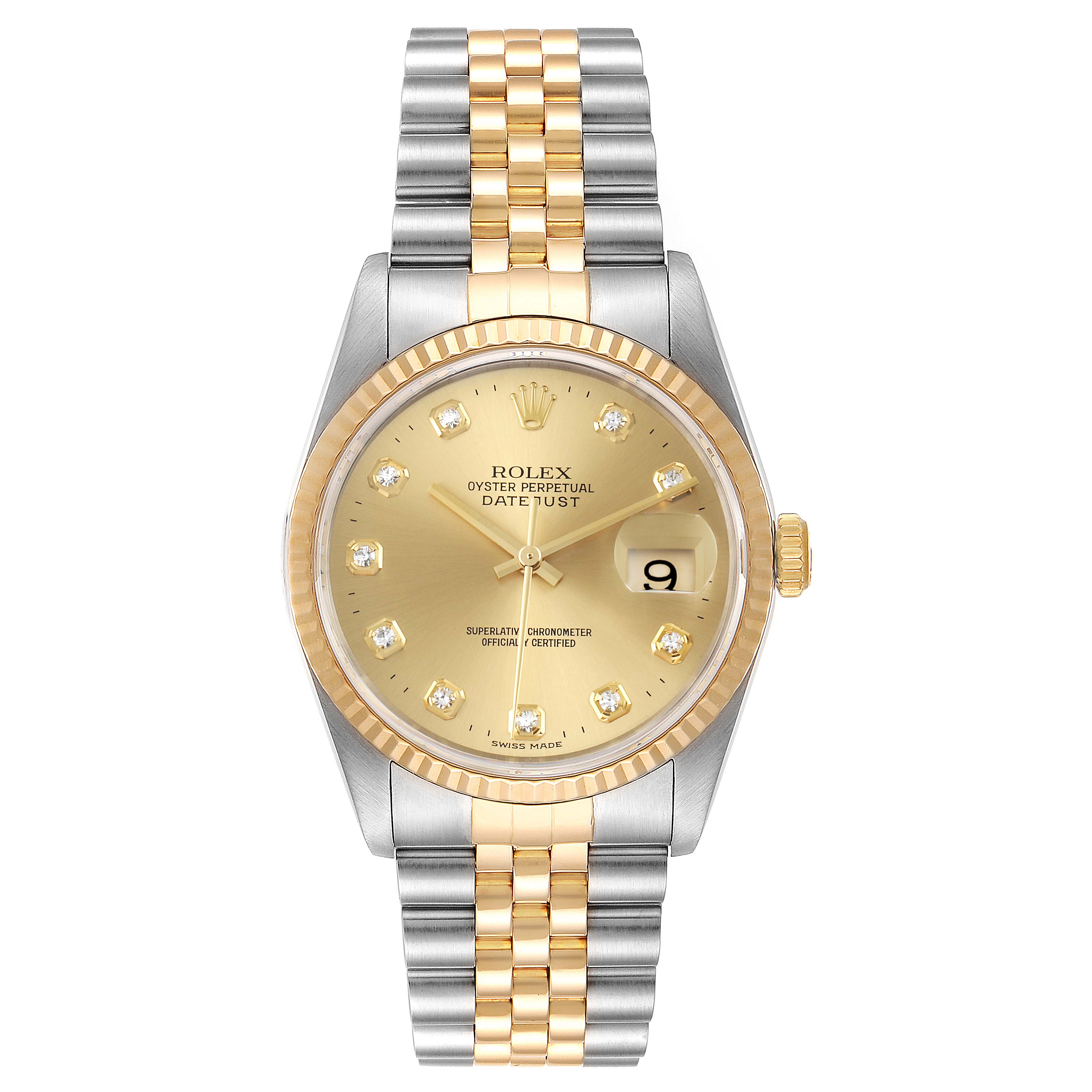The Rolex Datejust 16233 Men's Steel and Gold (two tone) Champagne Dial 16233 Men's Steel and Gold (two tone) Champagne Dial watch is shown from a top-down angle, displaying its dial, bezel, and two-tone bracelet.