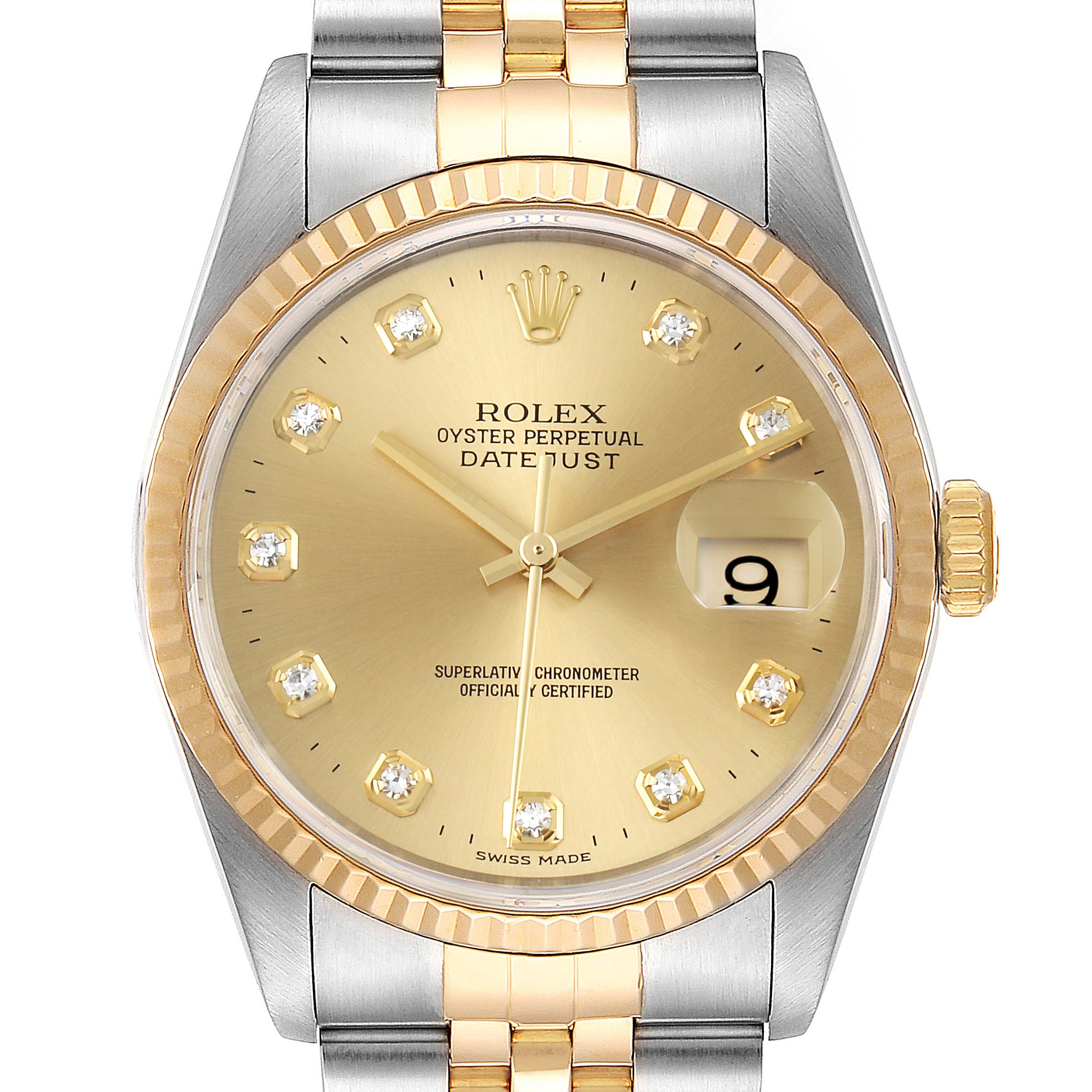 The image shows the face and part of the bracelet of a Rolex Datejust 16233 Men's Steel and Gold (two tone) Champagne Dial 16233 Men's Steel and Gold (two tone) Champagne Dial watch, including the crown, dial, and date window at 3 o'clock.