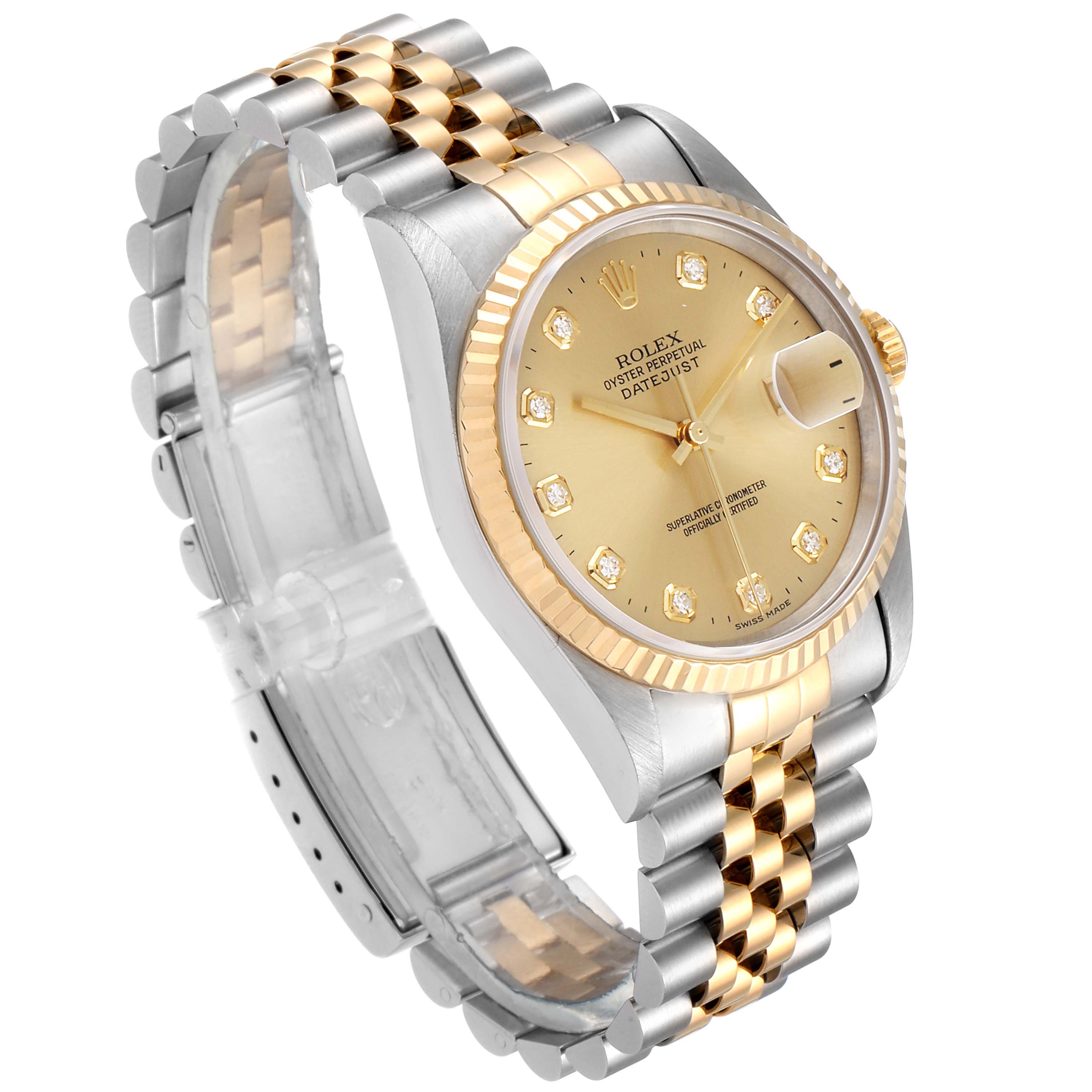 This image shows a Rolex Datejust 16233 Men's Steel and Gold (two tone) Champagne Dial 16233 Men's Steel and Gold (two tone) Champagne Dial watch at a three-quarter angle, highlighting its two-tone bracelet, gold dial, and bezel.