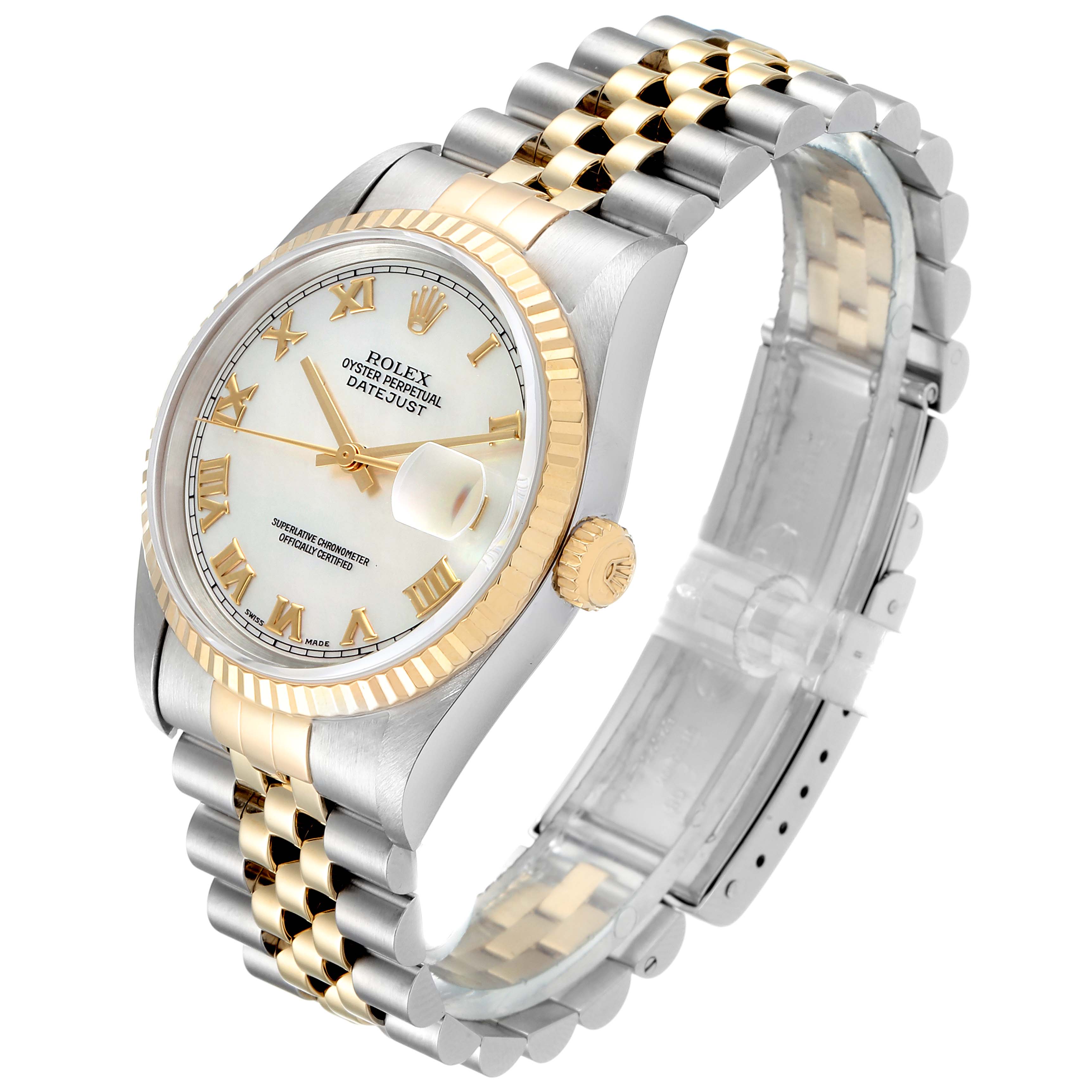 The Rolex Datejust 16233 Men
s Steel and Gold (two tone) Mother of Pearl Dial 16233 Men
s Steel and Gold (two tone) Mother of Pearl Dial watch is shown at a three-quarter angle, highlighting the dial, fluted bezel, and two-tone jubilee bracelet.
