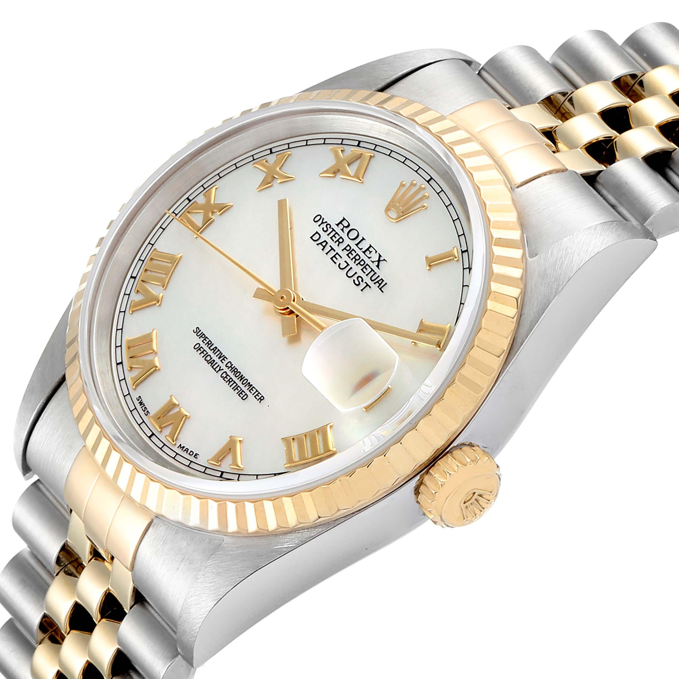 This image shows a close-up angled view of the Rolex Datejust 16233 Men
s Steel and Gold (two tone) Mother of Pearl Dial 16233 Men
s Steel and Gold (two tone) Mother of Pearl Dial watch, highlighting the dial, bezel, crown, and part of the bracelet.