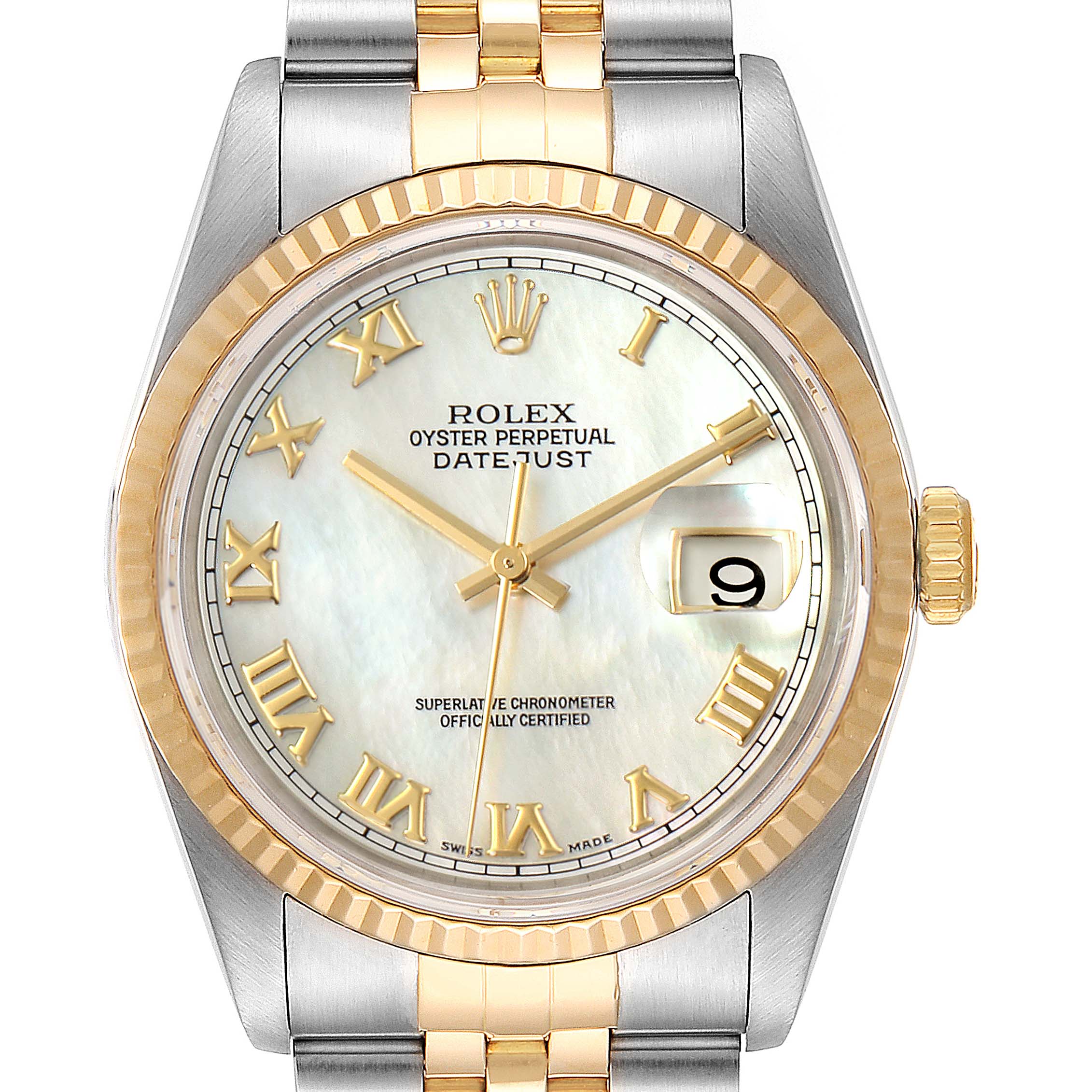 The image shows a frontal view of a Rolex Datejust 16233 Men
s Steel and Gold (two tone) Mother of Pearl Dial 16233 Men
s Steel and Gold (two tone) Mother of Pearl Dial watch, highlighting the dial, bezel, crown, and part of the bracelet.