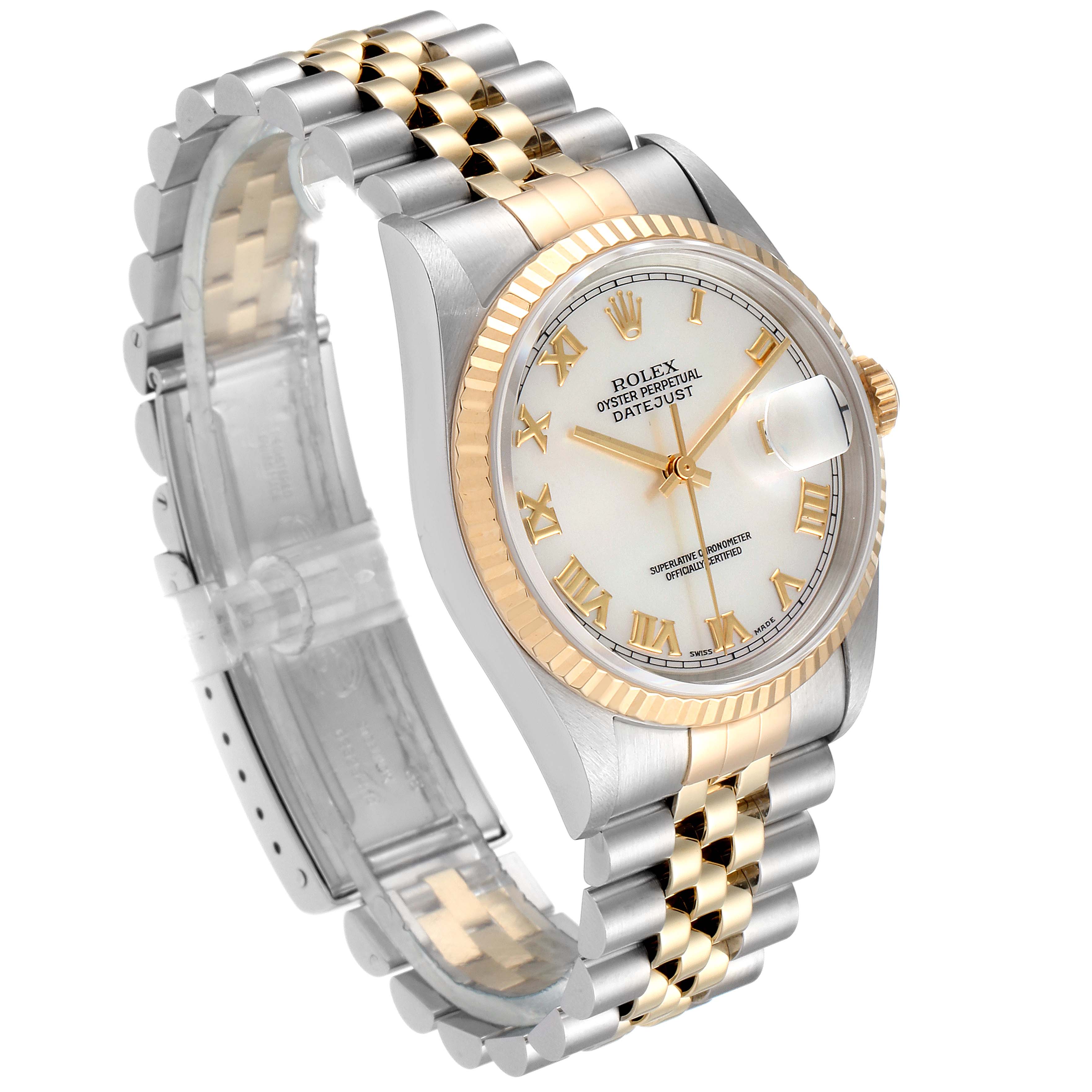 The image shows a Rolex Datejust 16233 Men
s Steel and Gold (two tone) Mother of Pearl Dial 16233 Men
s Steel and Gold (two tone) Mother of Pearl Dial model watch at a three-quarter angle, highlighting its stainless steel and gold fluted bezel and jubilee bracelet.