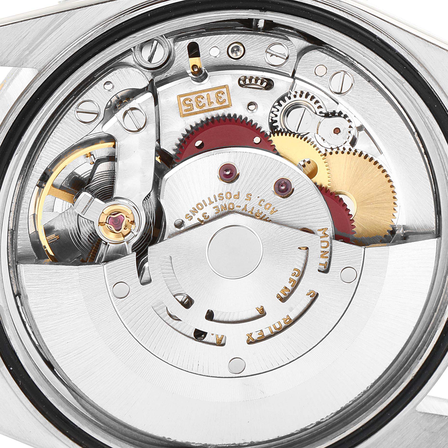 This image shows the internal mechanical movement of the Rolex Datejust 16233 Men
s Steel and Gold (two tone) Mother of Pearl Dial 16233 Men
s Steel and Gold (two tone) Mother of Pearl Dial watch, viewed from the back.