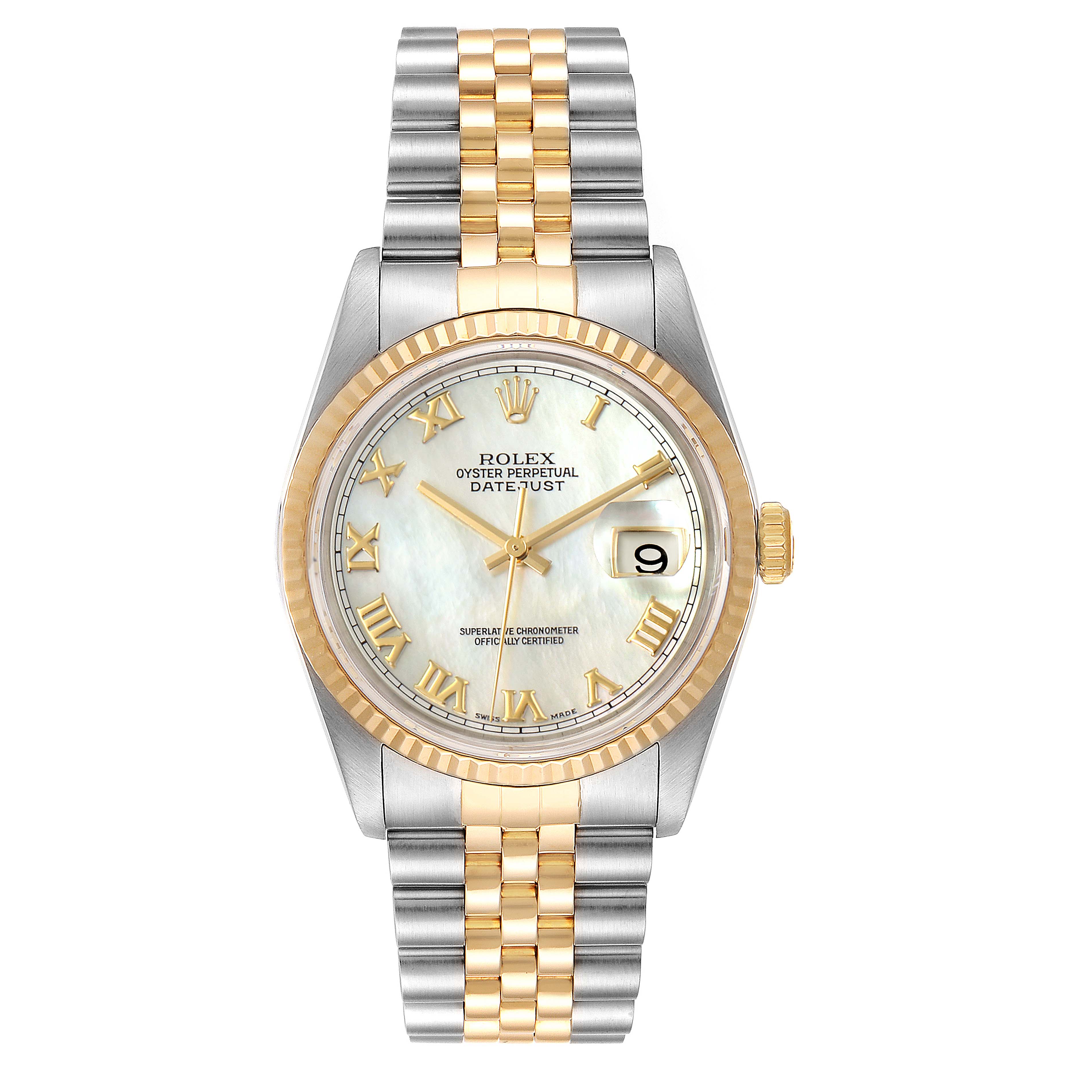 This is a front view of a Rolex Datejust 16233 Men
s Steel and Gold (two tone) Mother of Pearl Dial 16233 Men
s Steel and Gold (two tone) Mother of Pearl Dial watch, showing the dial, bezel, crown, and Jubilee bracelet.