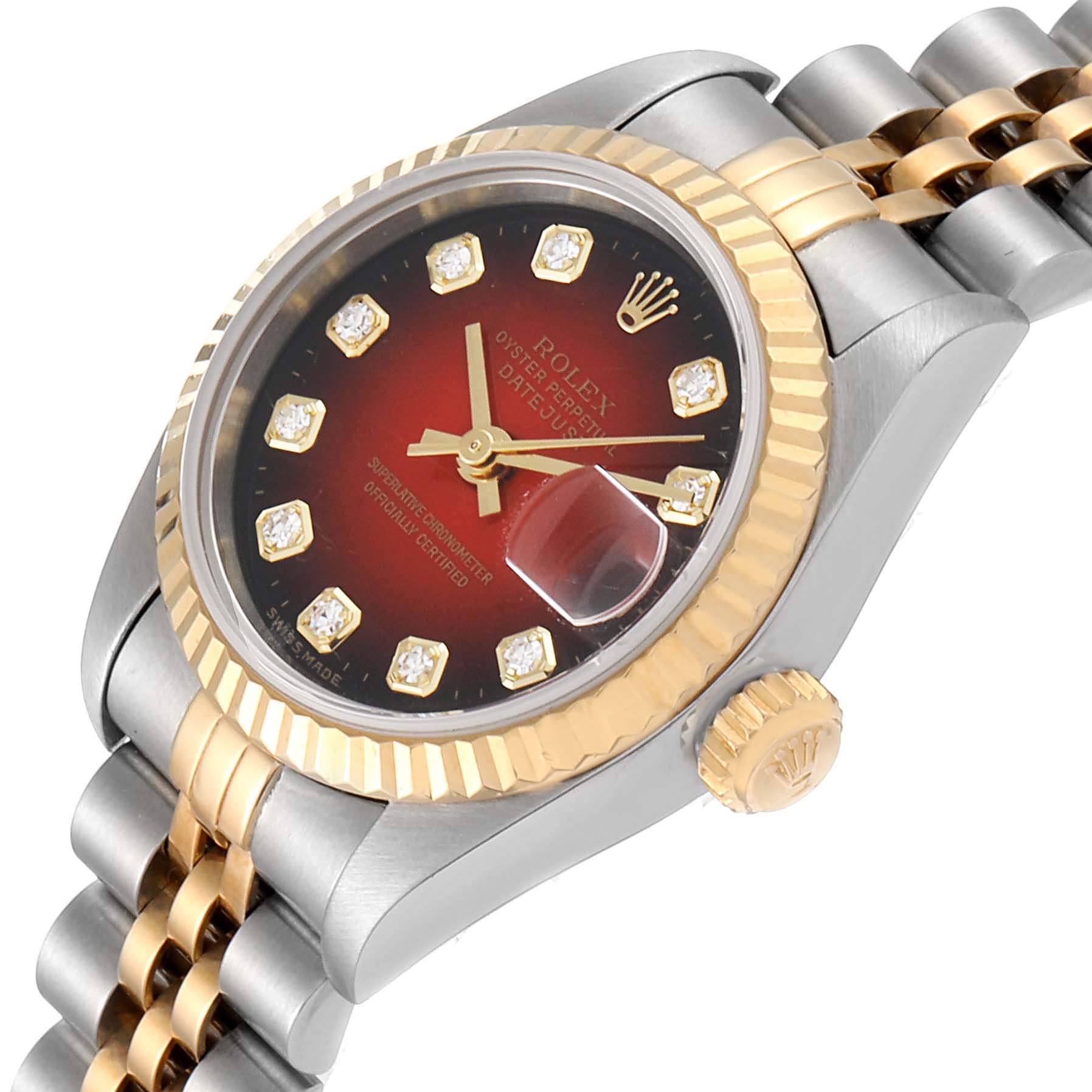 This image shows a Rolex Datejust 79173 Women's Steel and Gold (two tone) Red Dial 79173 Women's Steel and Gold (two tone) Red Dial watch angled slightly from the side, highlighting its dial, crown, and part of the bracelet.