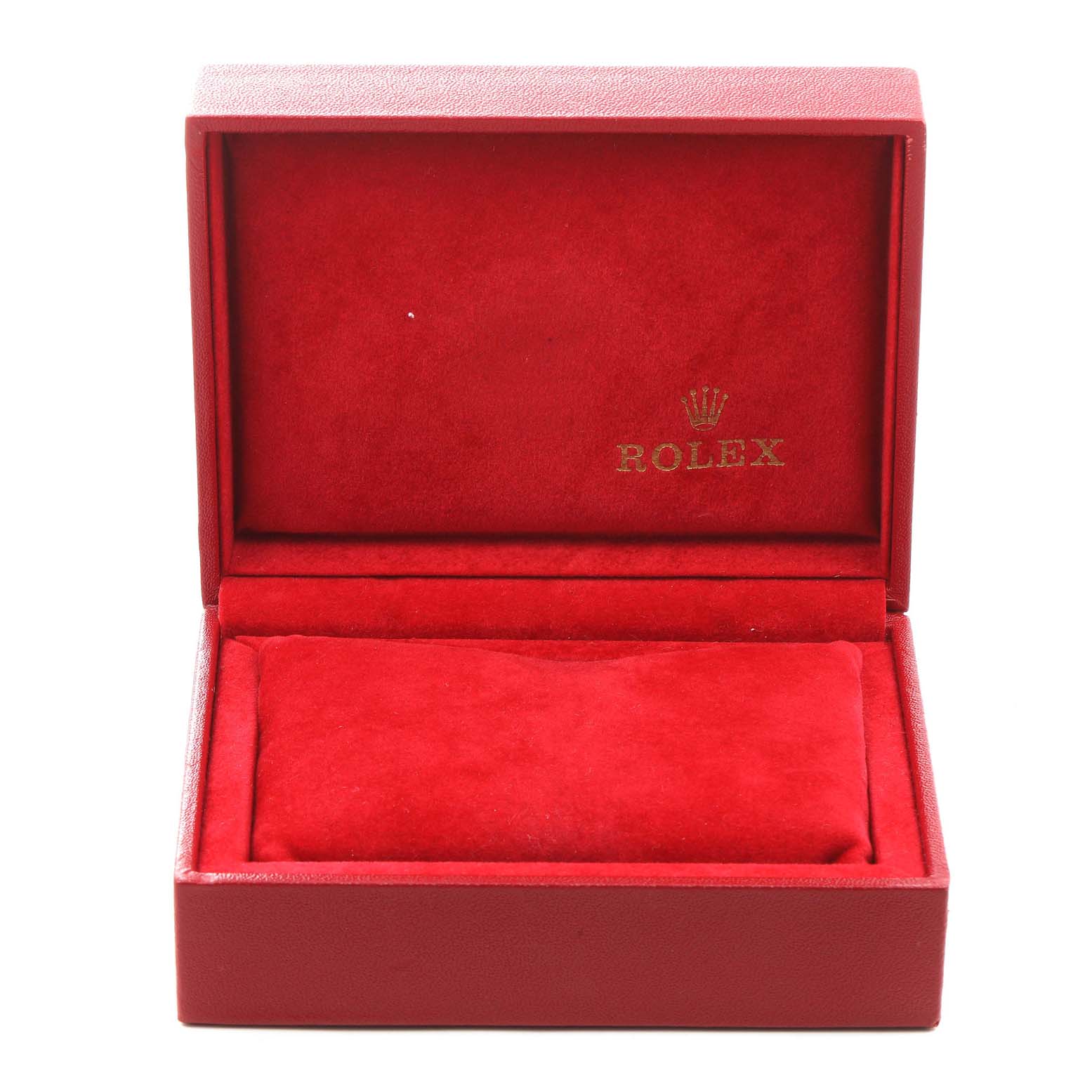 The image shows an open red Rolex box for the Datejust model.