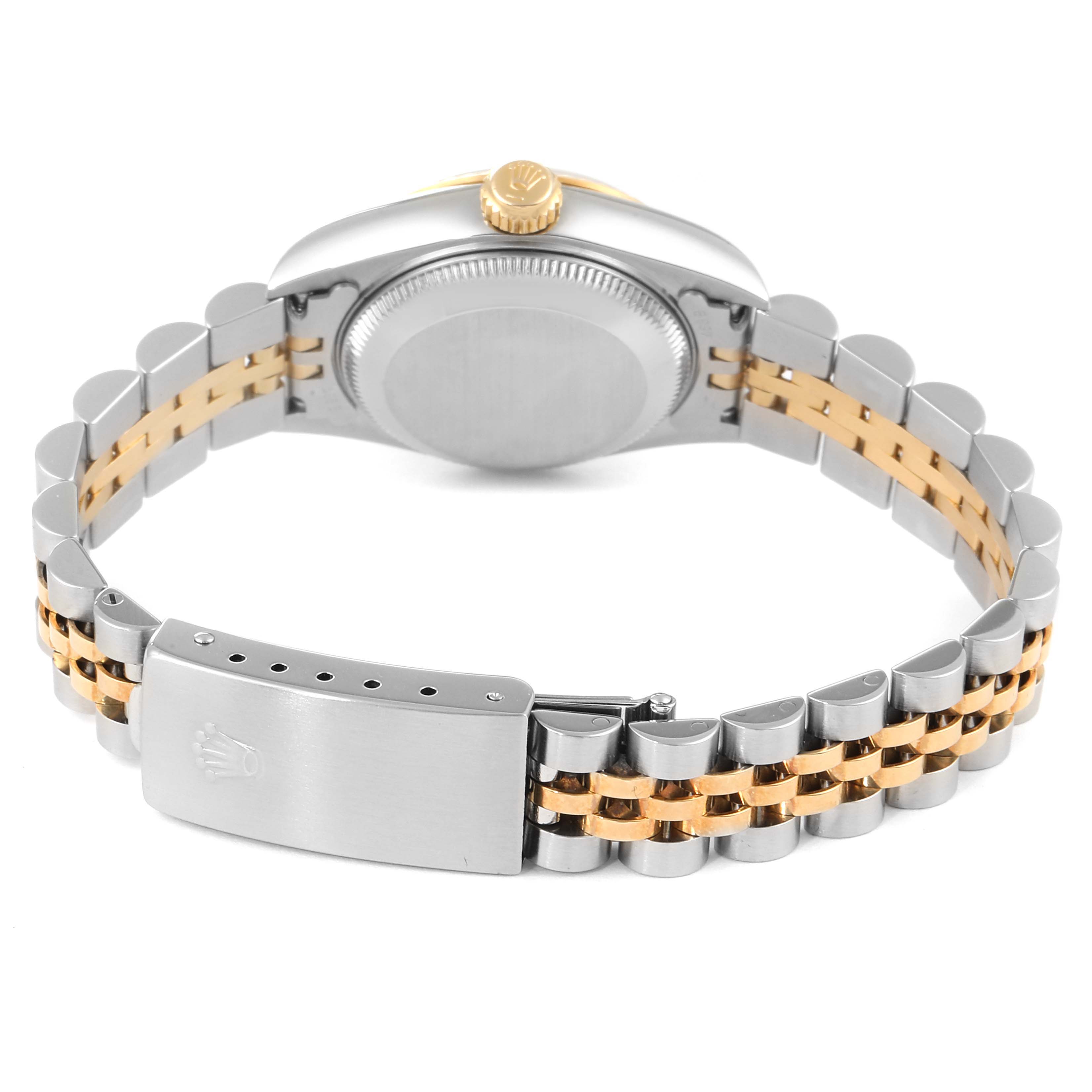 The image shows the back view of the Rolex Datejust 79173 Women's Steel and Gold (two tone) Red Dial 79173 Women's Steel and Gold (two tone) Red Dial watch, highlighting its jubilee bracelet and clasp.