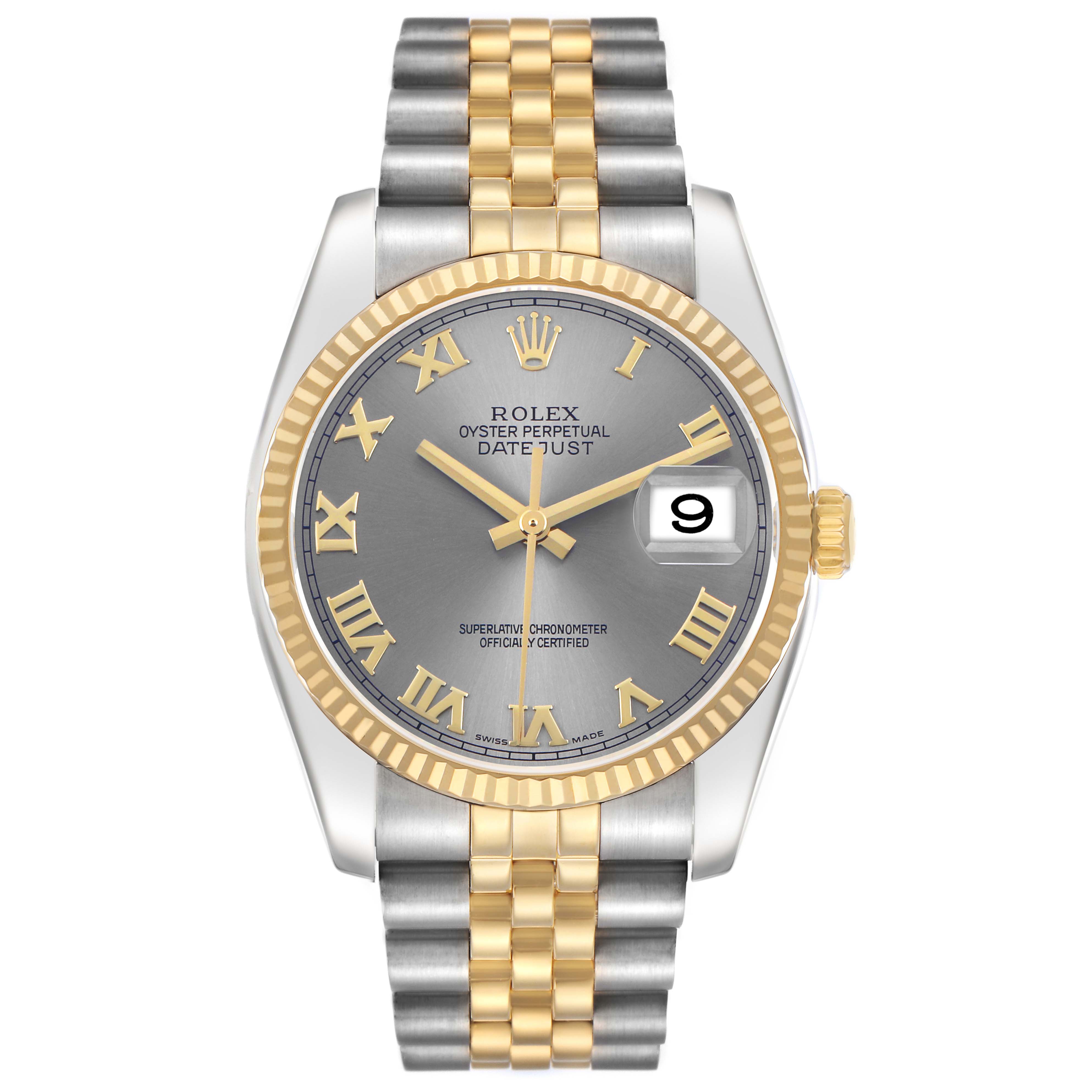 The Rolex Datejust 116233 Men's Steel and Gold (two tone) Grey Dial is shown from the front, displaying the dial, bezel, and bracelet in full view.