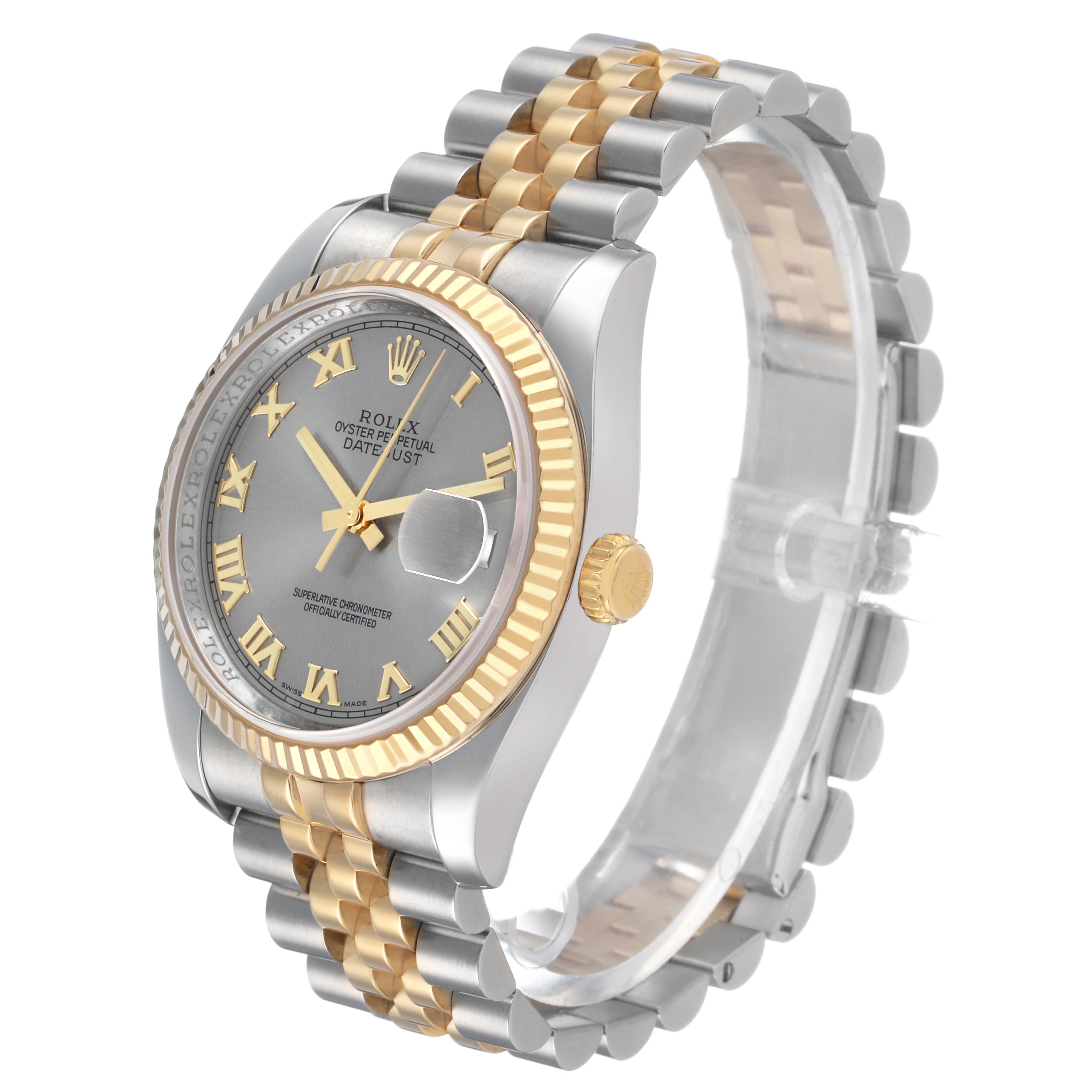The Rolex Datejust 116233 Men's Steel and Gold (two tone) Grey Dial watch is shown at an angle highlighting its face, bezel, crown, and two-tone bracelet.