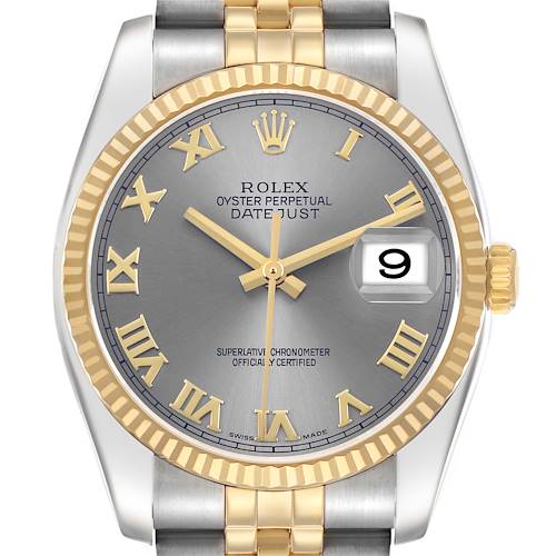 The Rolex Datejust 116233 Men's Steel and Gold (two tone) Grey Dial watch is shown from a front angle, highlighting the dial, bezel, crown, and part of the bracelet.