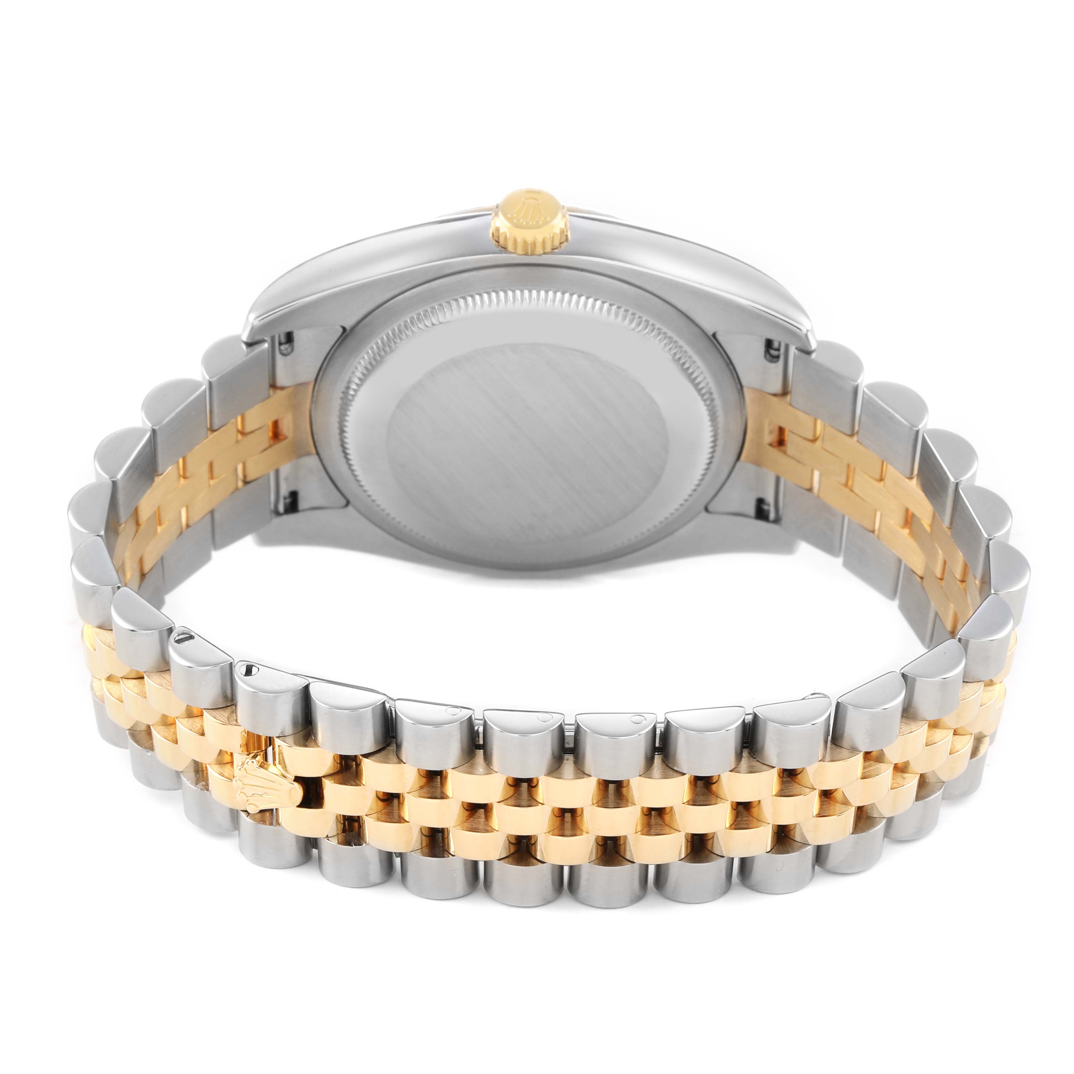 The Rolex Datejust 116233 Men's Steel and Gold (two tone) Grey Dial watch is shown from the back, highlighting the two-tone bracelet and the closed case back.