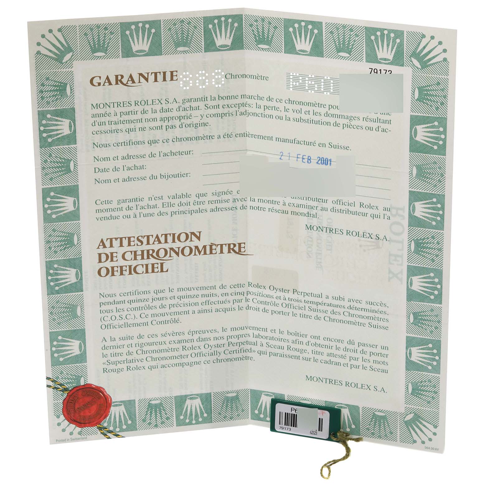 This image shows the warranty certificate for a Rolex Datejust 79173 Women's Steel and Gold (two tone) Silver Dial 79173 Women's Steel and Gold (two tone) Silver Dial watch.