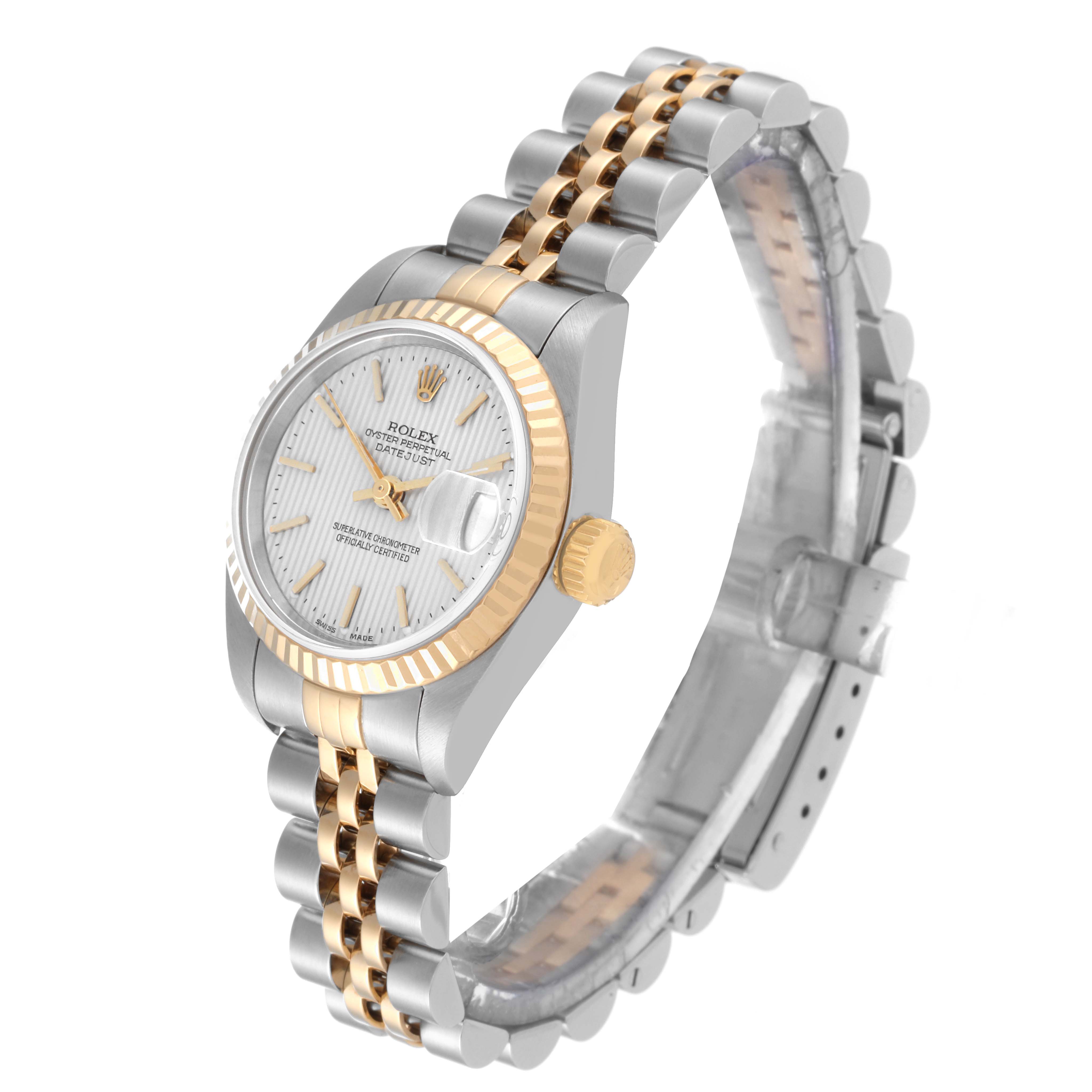 This image shows a Rolex Datejust 79173 Women's Steel and Gold (two tone) Silver Dial 79173 Women's Steel and Gold (two tone) Silver Dial model watch at a slight angled view, highlighting the face, bezel, and bracelet.