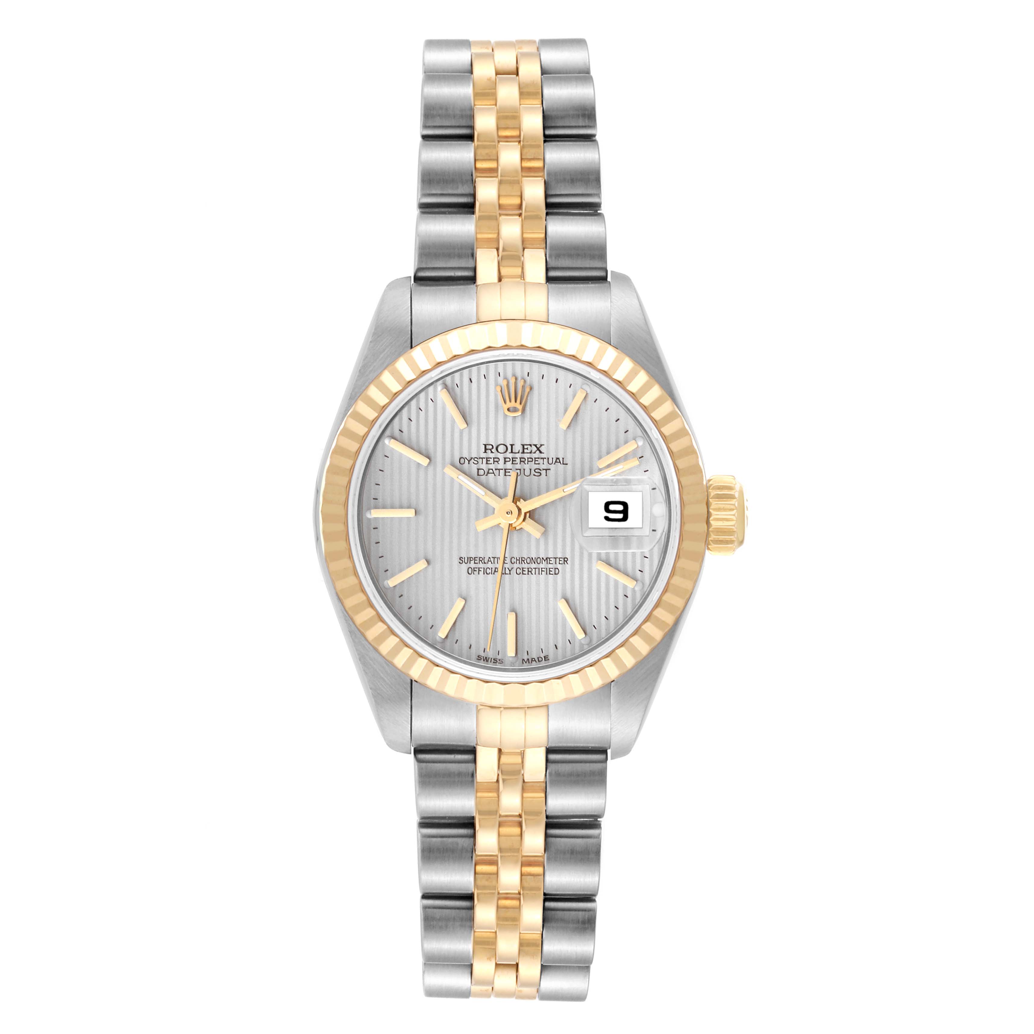 This image shows a front view of a Rolex Datejust 79173 Women's Steel and Gold (two tone) Silver Dial 79173 Women's Steel and Gold (two tone) Silver Dial watch, highlighting the dial, bezel, and two-tone bracelet.