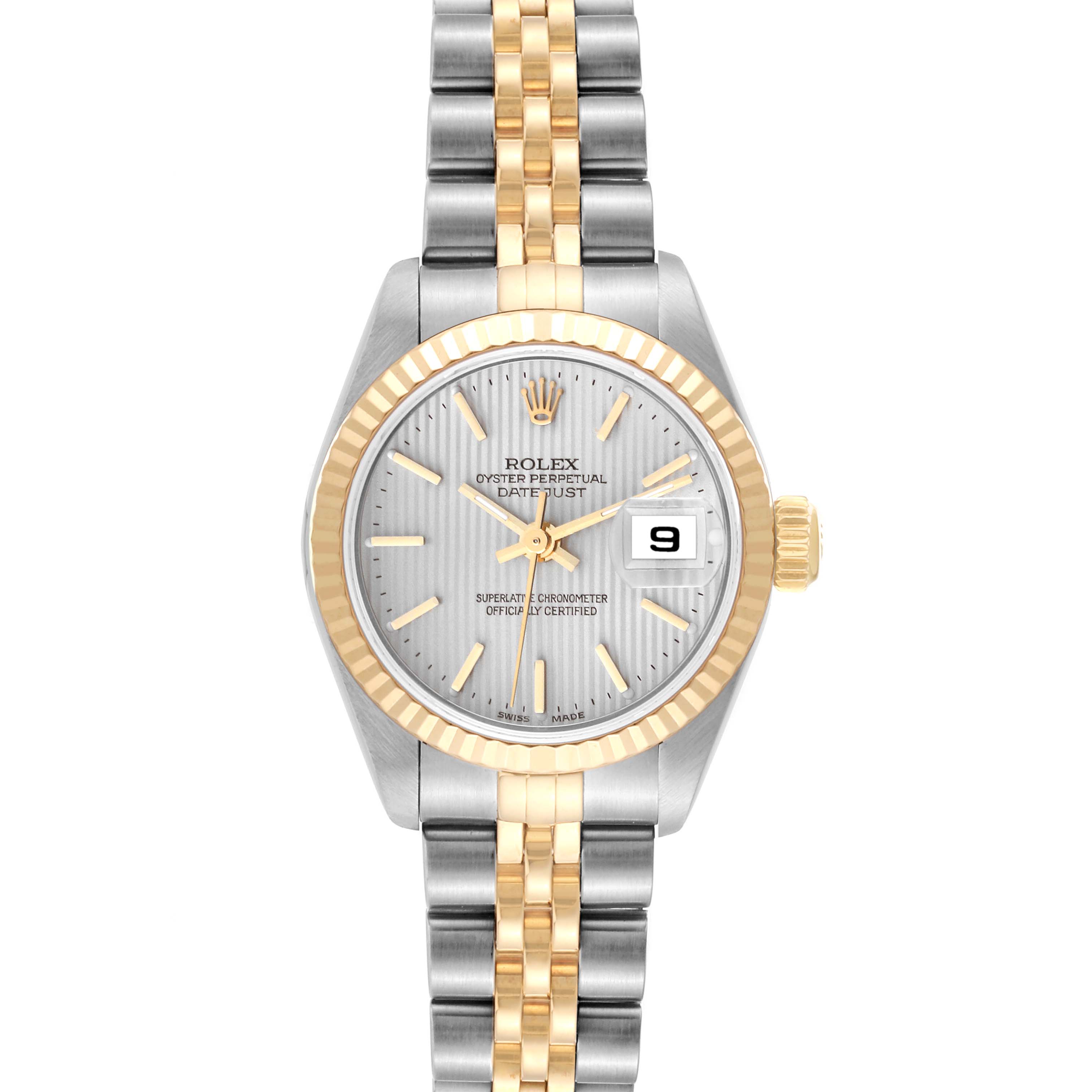 This Rolex Datejust 79173 Women's Steel and Gold (two tone) Silver Dial 79173 Women's Steel and Gold (two tone) Silver Dial watch is shown in a frontal view, displaying the dial, bezel, case, and two-tone bracelet.