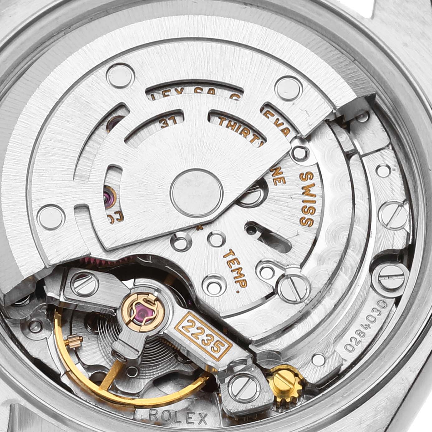 This is a close-up view of the movement mechanism inside a Rolex Datejust 79173 Women's Steel and Gold (two tone) Silver Dial 79173 Women's Steel and Gold (two tone) Silver Dial watch.