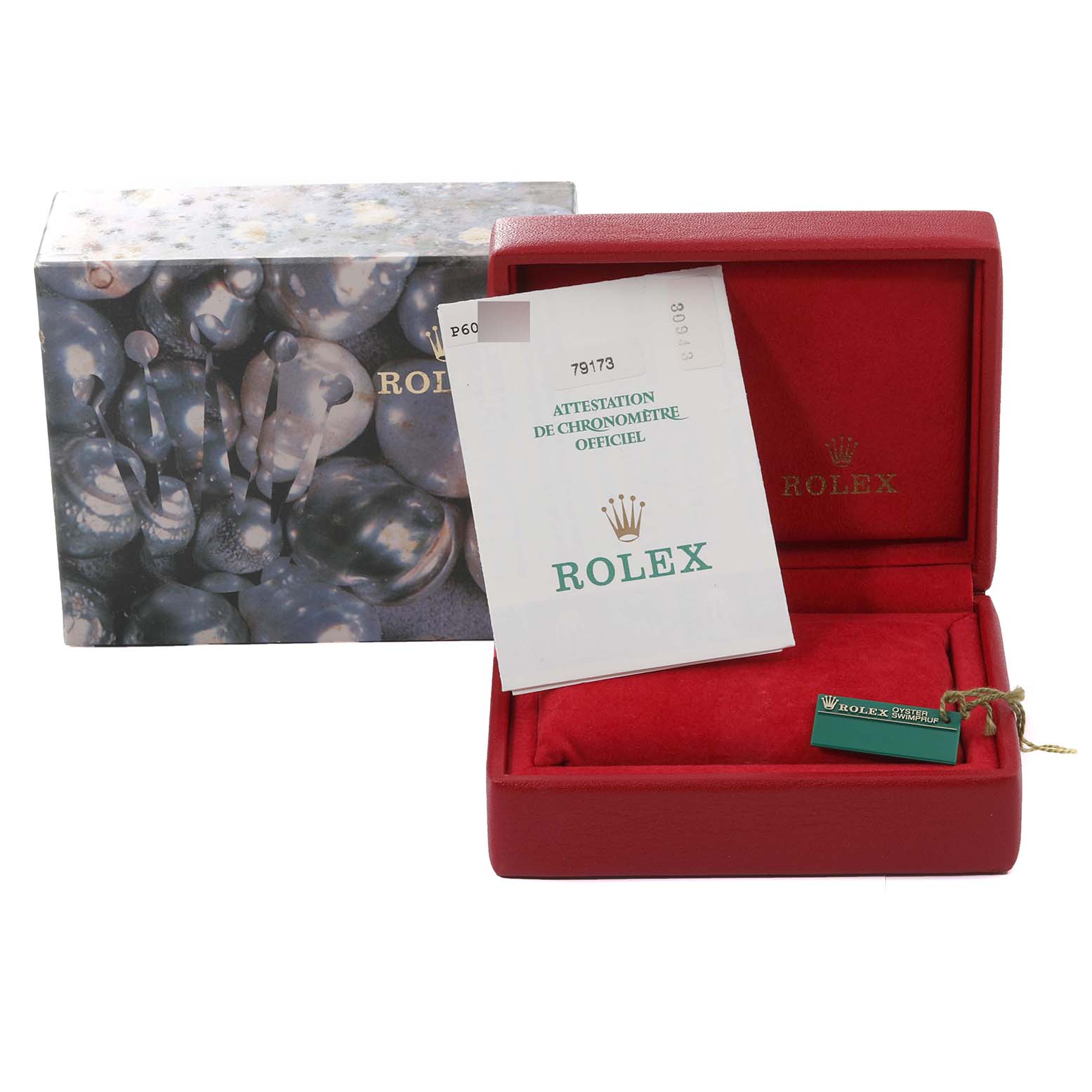 The image shows a Rolex Datejust 79173 Women's Steel and Gold (two tone) Silver Dial 79173 Women's Steel and Gold (two tone) Silver Dial watch box, with certification papers, and a tag inside.