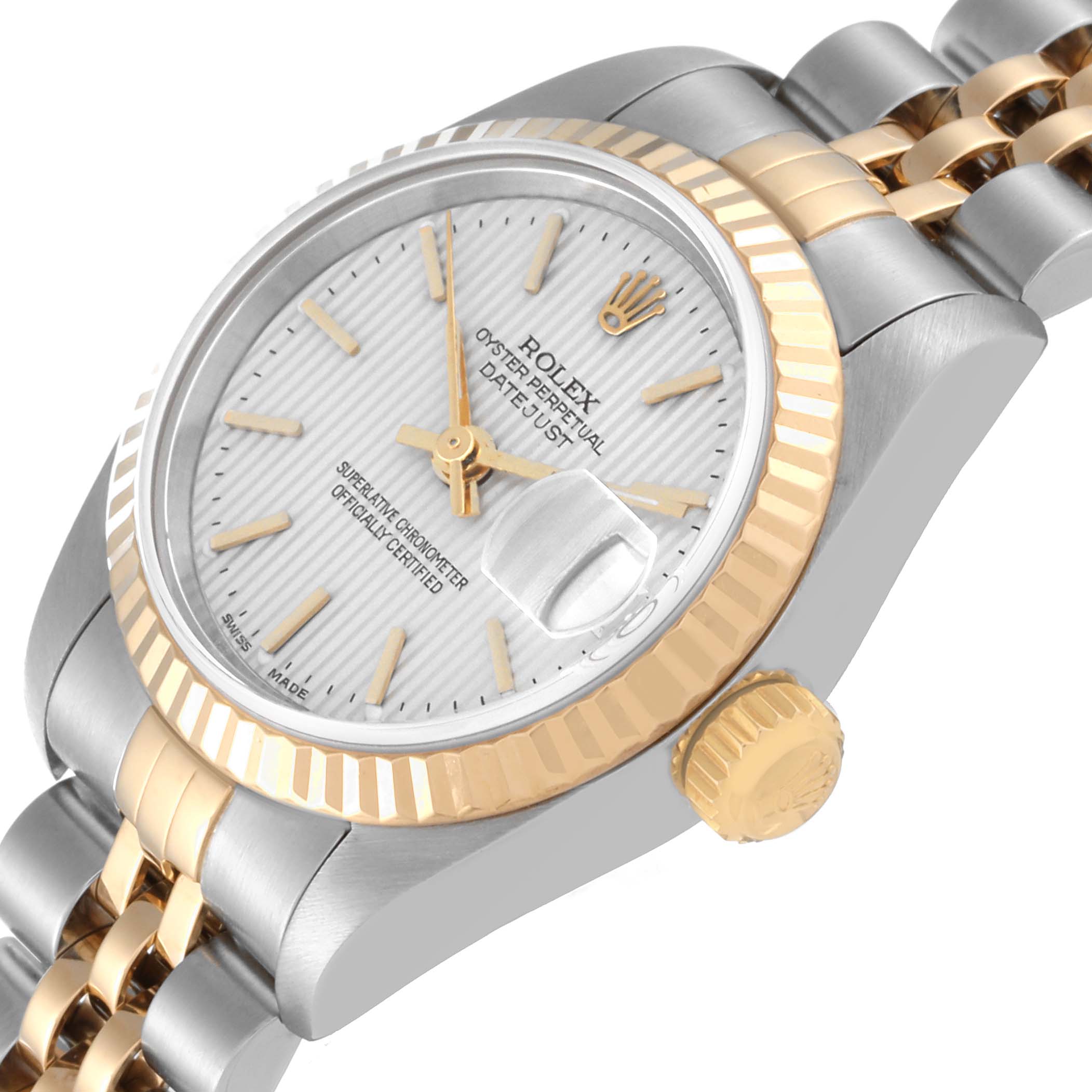 The image shows a close-up of the Rolex Datejust 79173 Women's Steel and Gold (two tone) Silver Dial 79173 Women's Steel and Gold (two tone) Silver Dial watch, highlighting its dial, bezel, crown, and part of the bracelet.