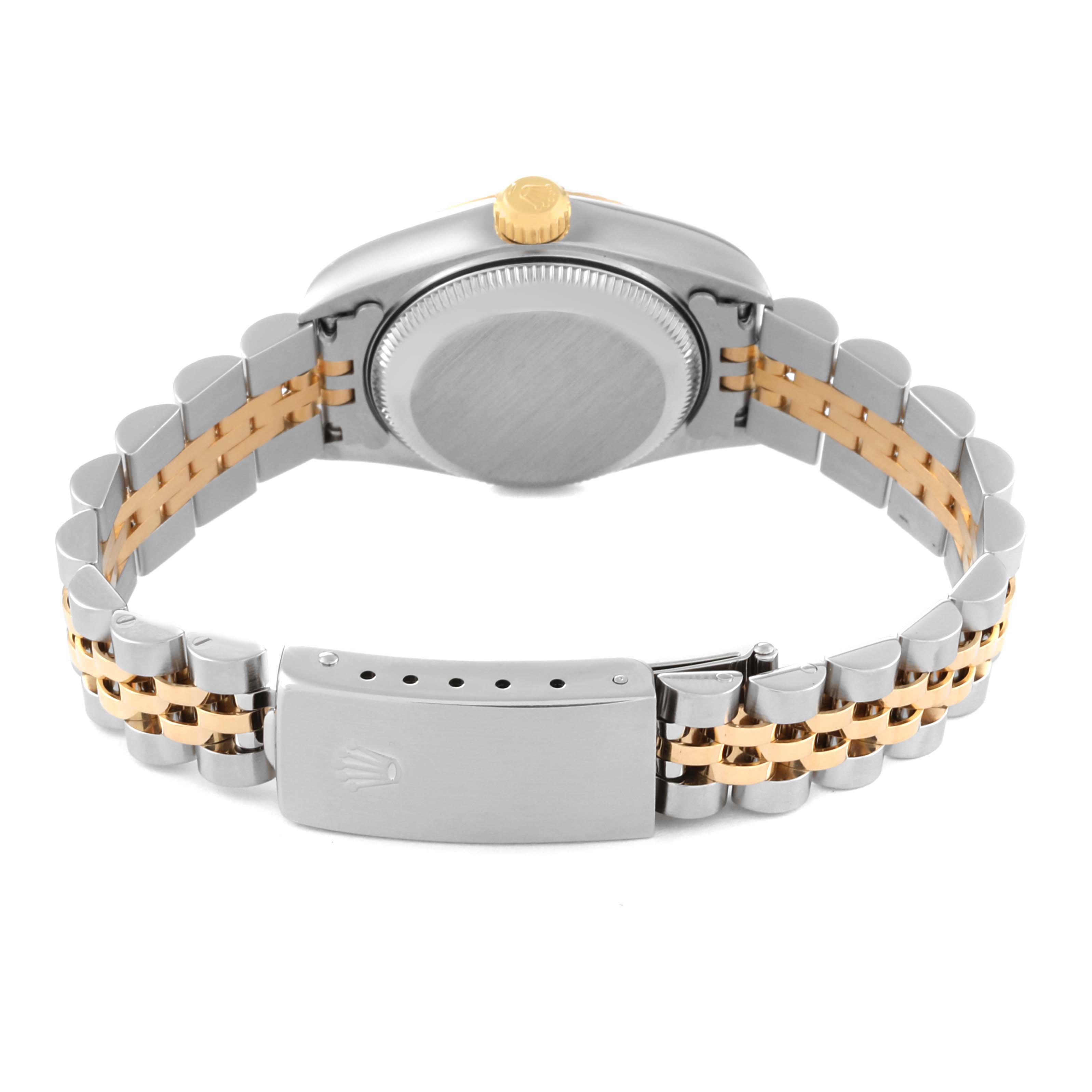 This image shows the back view of a Rolex Datejust 79173 Women's Steel and Gold (two tone) Silver Dial 79173 Women's Steel and Gold (two tone) Silver Dial watch, highlighting the case back, crown, and bracelet clasp.