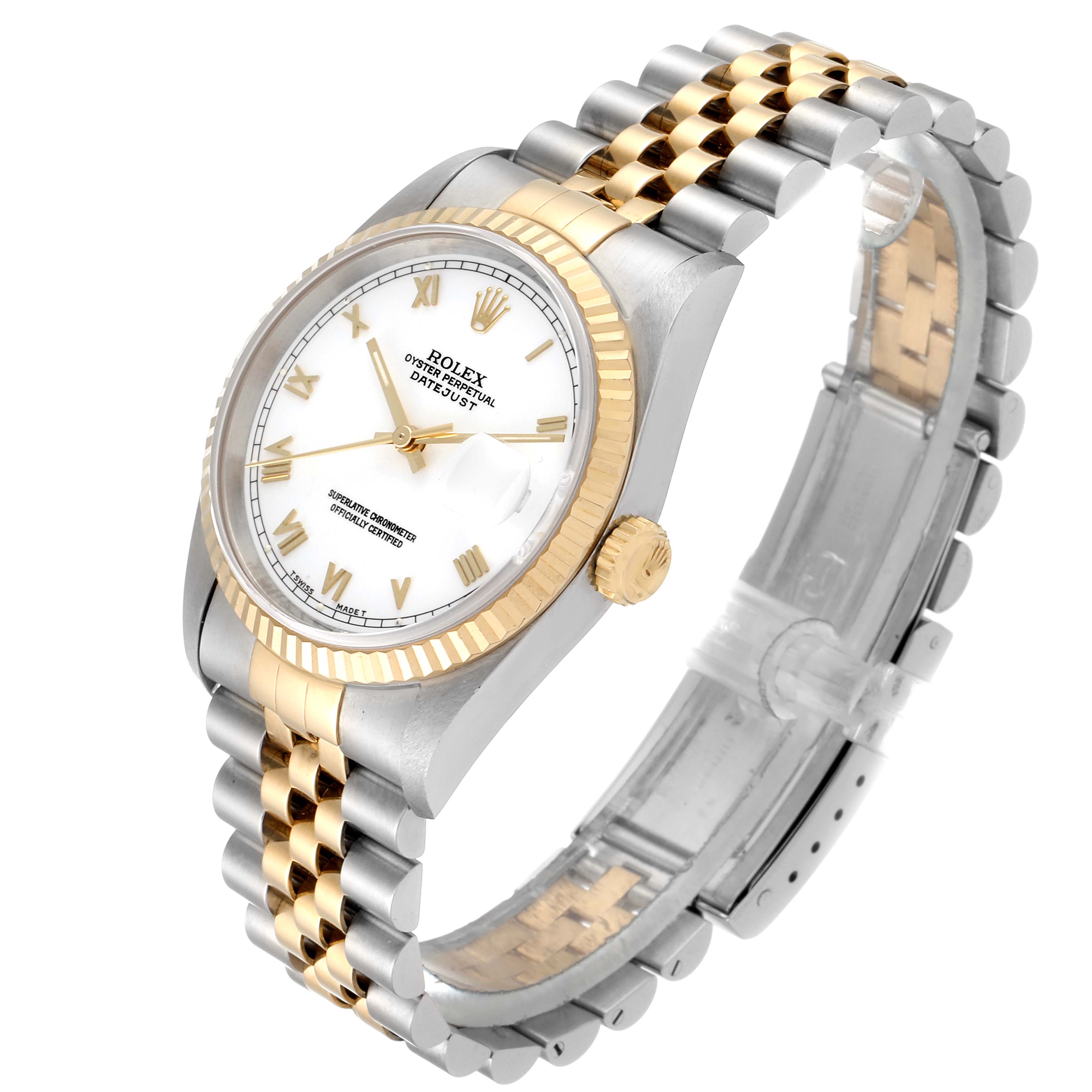The image shows a Rolex Datejust 16233 Men's Steel and Gold (two tone) White Dial 16233 Men's Steel and Gold (two tone) White Dial watch at an angled side view, highlighting its dial, bezel, and two-tone bracelet.