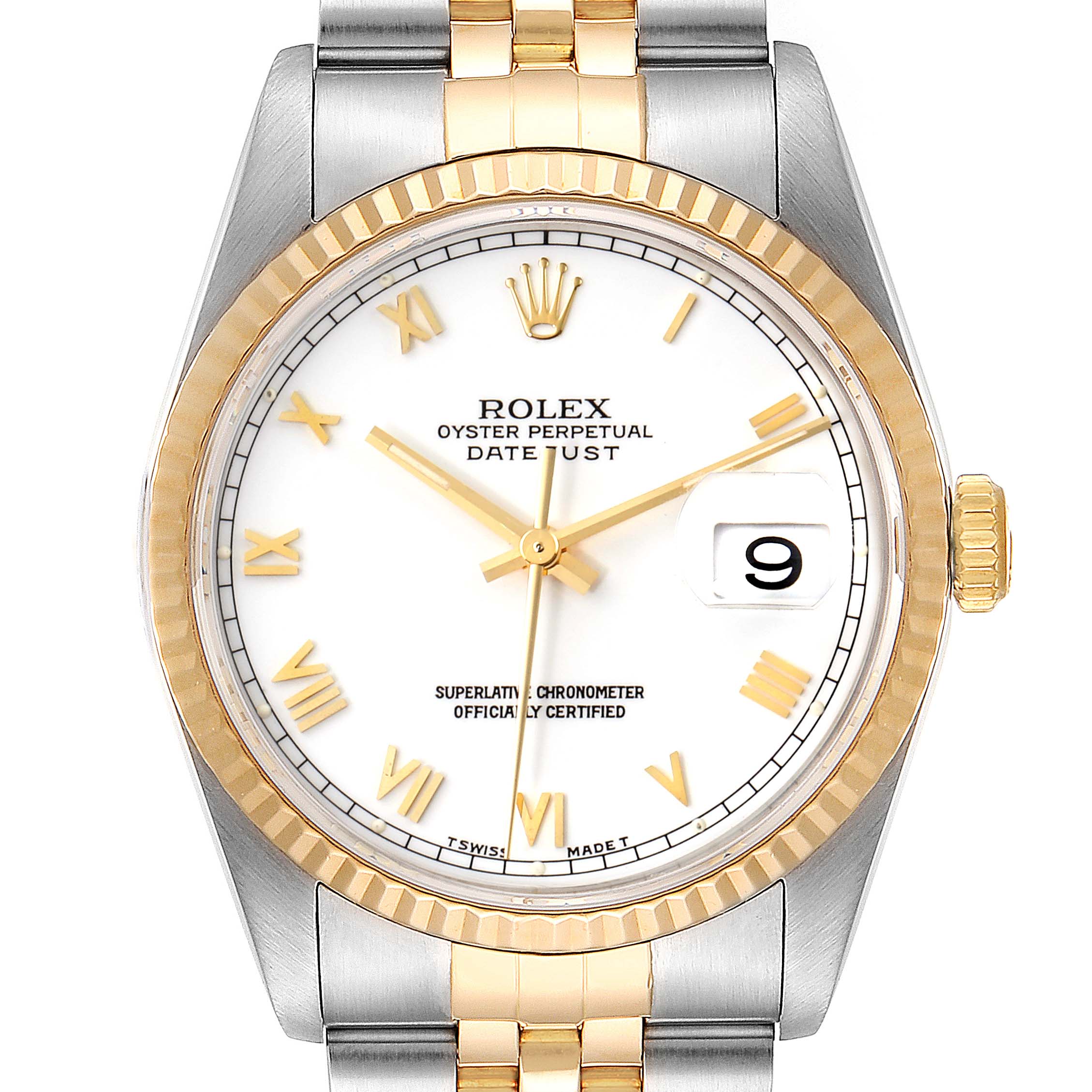 This image displays a Rolex Datejust 16233 Men's Steel and Gold (two tone) White Dial 16233 Men's Steel and Gold (two tone) White Dial watch face and part of the two-tone metal bracelet from a front angle.