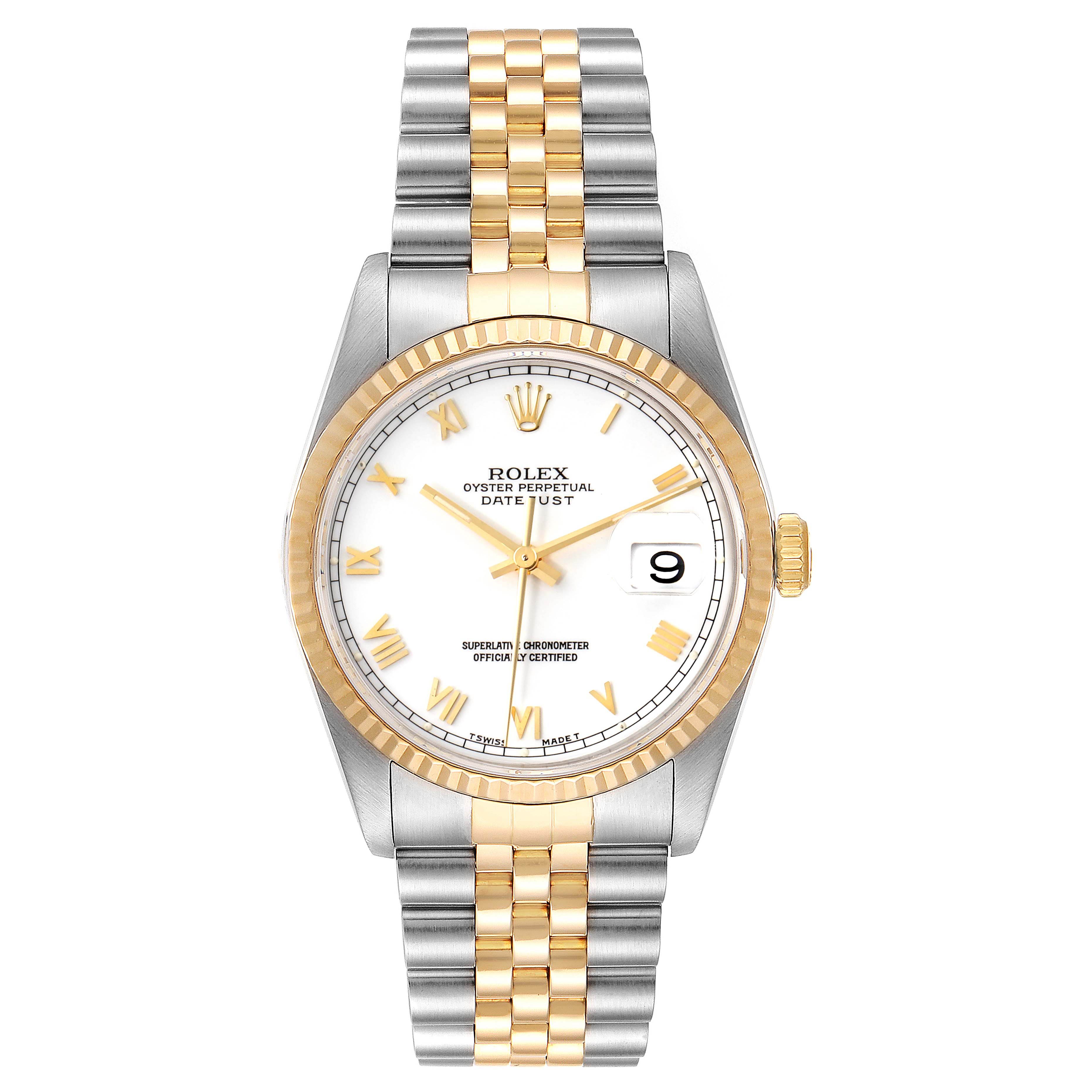 The image shows a frontal view of the Rolex Datejust 16233 Men's Steel and Gold (two tone) White Dial 16233 Men's Steel and Gold (two tone) White Dial watch, displaying its dial, bracelet, and bezel.