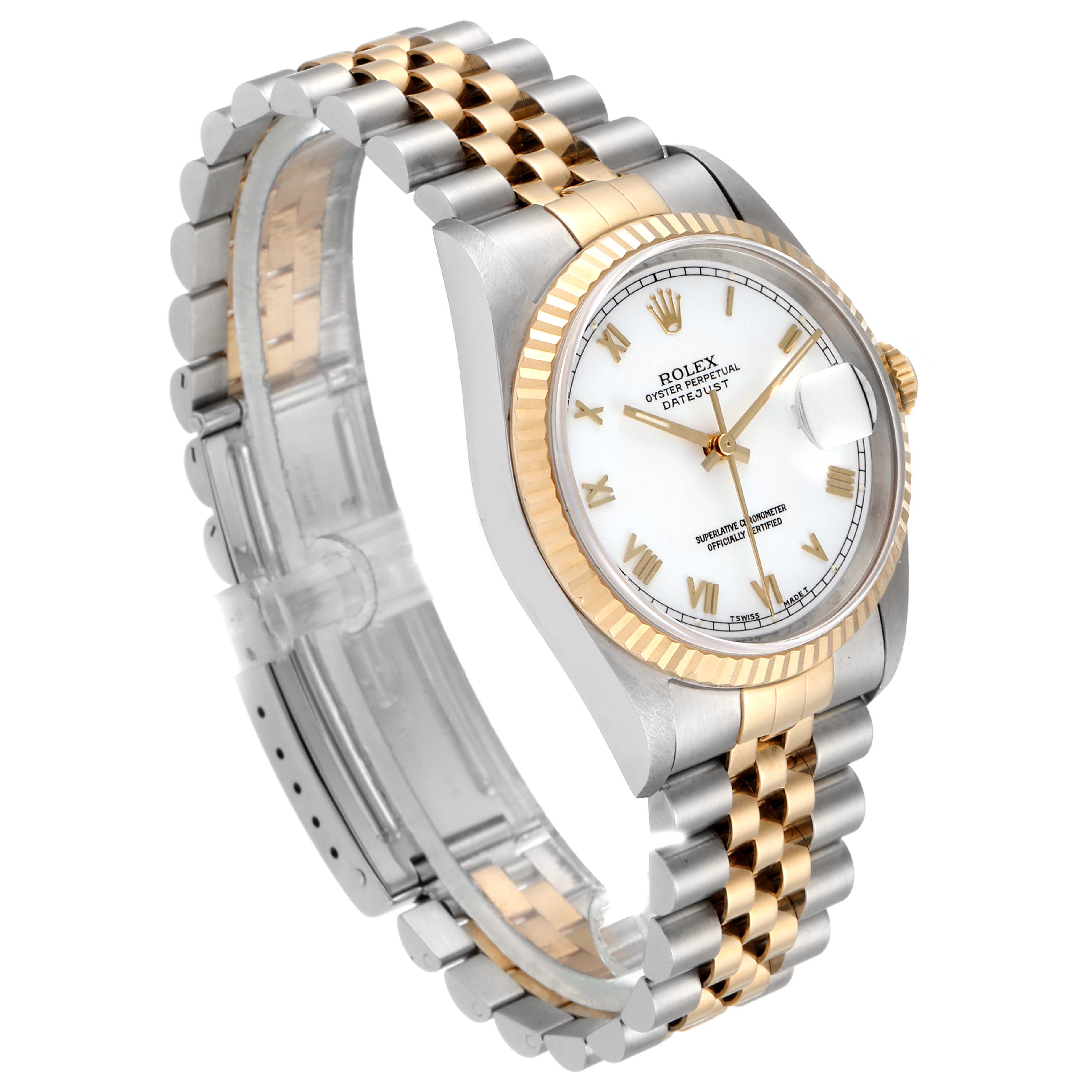 The Rolex Datejust 16233 Men's Steel and Gold (two tone) White Dial 16233 Men's Steel and Gold (two tone) White Dial watch is shown at a three-quarter angle, highlighting its two-tone bracelet and fluted bezel.