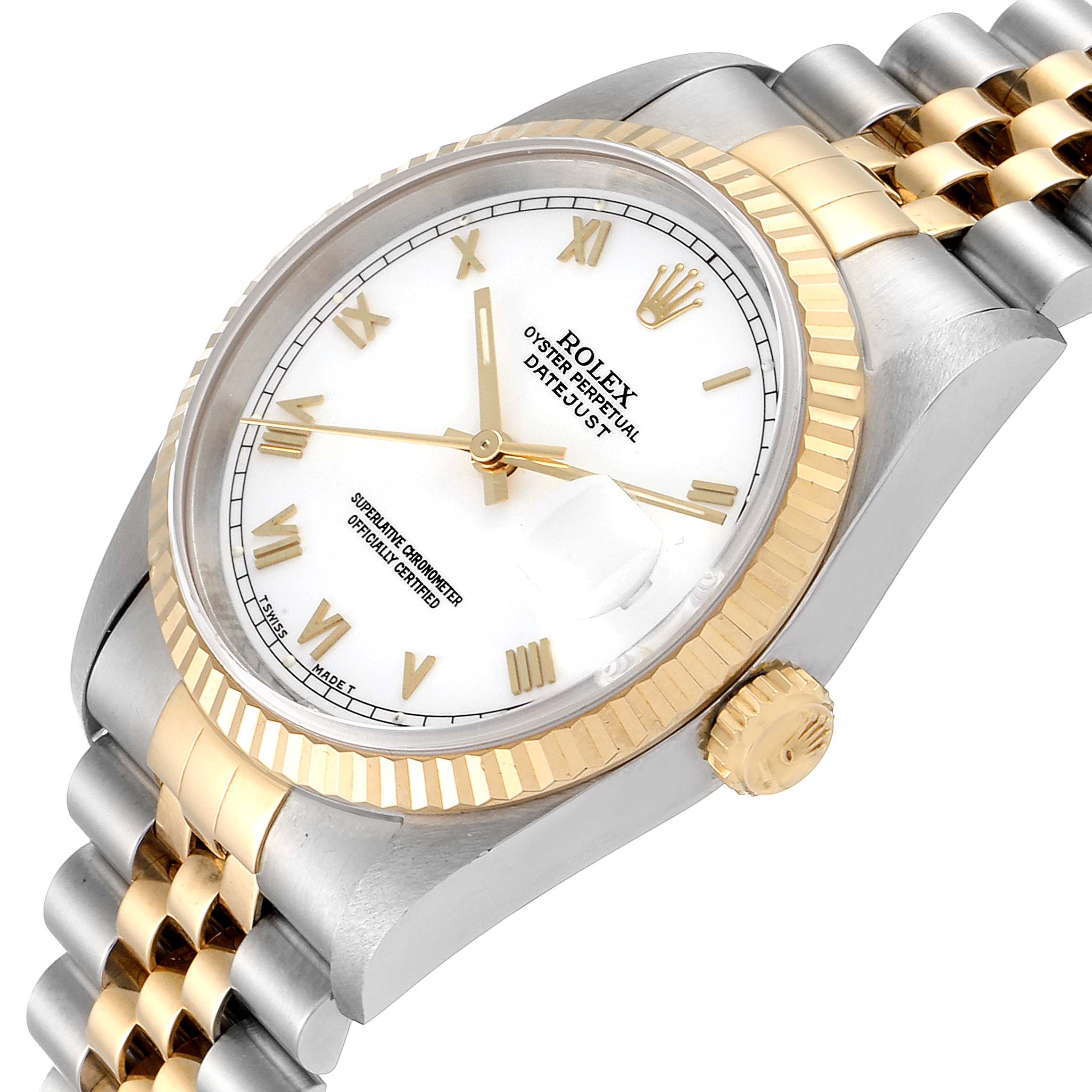 The Rolex Datejust 16233 Men's Steel and Gold (two tone) White Dial 16233 Men's Steel and Gold (two tone) White Dial watch is shown at an angled view, highlighting the dial, bezel, crown, and Jubilee bracelet.