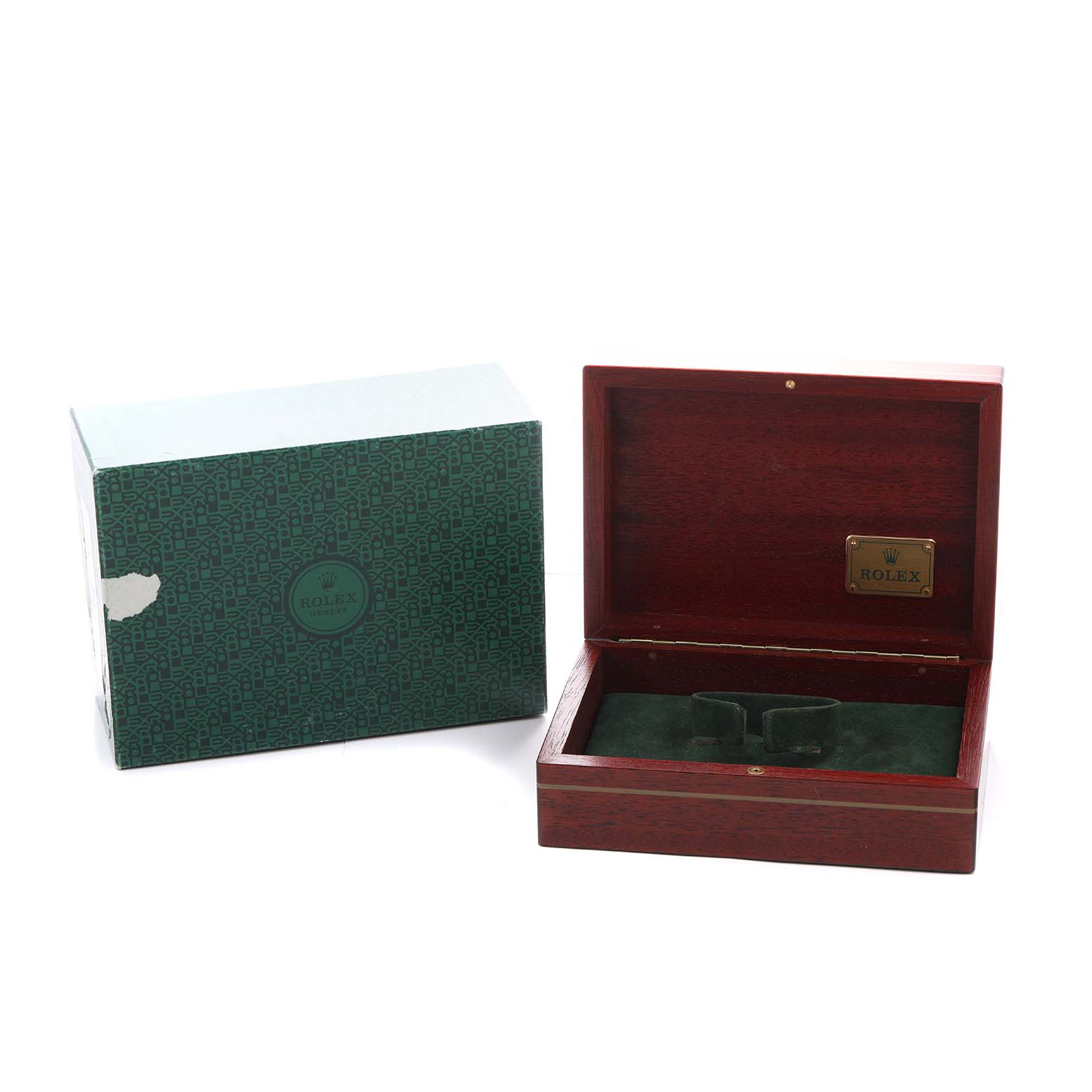 The image shows a Rolex Daytona 116523 Men's Steel and Gold (two tone) Blue Dial watch box set, including a closed green outer box and an open wooden case with green interior.